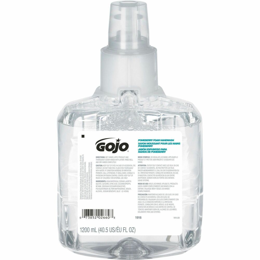 GOJ191602 - Refill of spa-inspired, foam handwash is designed for GOJO LTX-12 Dispensers and delivers luxurious foam lather and a pleasant pomegranate fragrance. Pomeberry Foam Handwash is enriched with moisturizers and skin conditioners. USDA certified, bio-based, mild formulation is EcoLogo certified so foam hand soap delights users while supporting a healthy environment. Controlled-collapse GOJO refill holds its shape as it empties for a more attractive appearance. Sanitary-sealed refill helps prevent contamination.