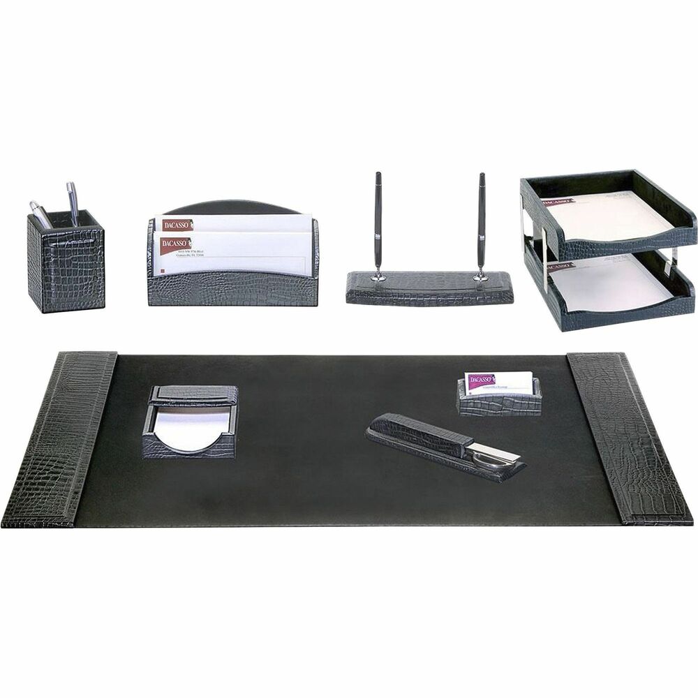 DACD2220 - 10-Piece Desk Set features a crocodile embossed design to add a smart, sophisticated look to your desk. Leather adds professional style to any work space. Soft velveteen protects surfaces from scuffs and scratches. Desk set includes a desk pad, two letter-size trays, pencil cup, memo holder, letter holder, business card holder, library set, double pen stand and stacking tray posts.