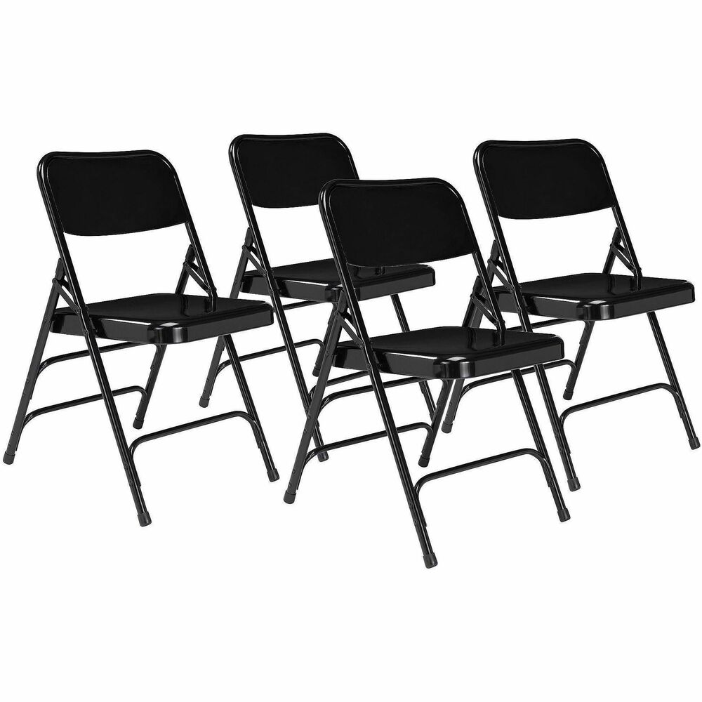 NPS310 - The 300 Series Premium All-Steel Folding Chair features a heavy-duty, powder-coated 18-gauge tubular frame with a 2-1/4" frame strengthener on each side of the seat. Three double-riveted U-braces, one in front and two in the back, securely support the double-hinged legs. The seat is designed with a waterfall-style front for added comfort. A supportive full-sized, double-contoured backrest features curled safety edges and is electromagnetically tack-welded to the frame. Color-coordinated V-tip stability plugs provide added reinforcement at the frame's junction and matching replaceable glides prevent floor damage. The 300 Series meets MAS Certified Green and ANSI/BIFMA standards.   