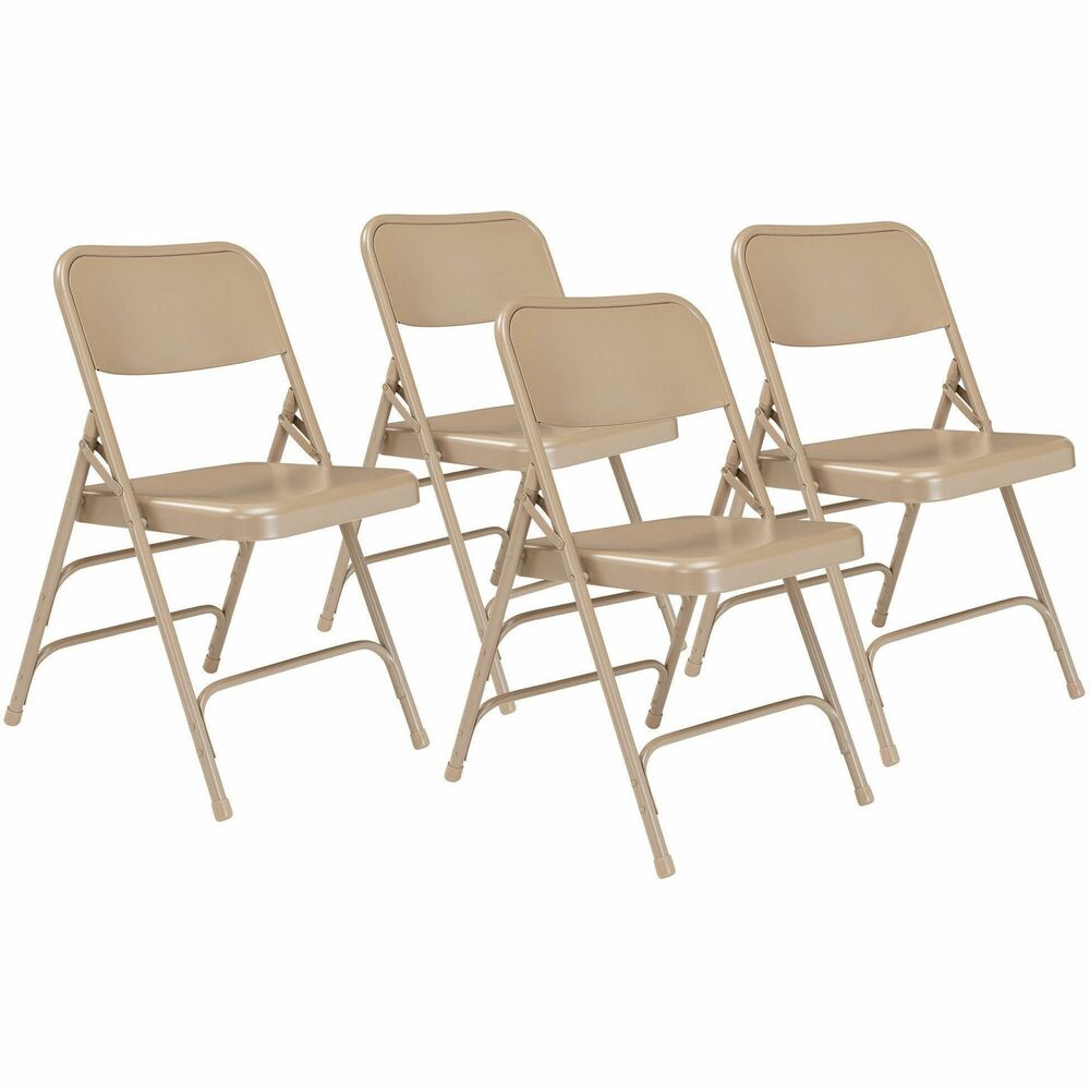 NPS301 - The 300 Series Premium All-Steel Folding Chair features a heavy-duty, powder-coated 18-gauge tubular frame with a 2-1/4" frame strengthener on each side of the seat. Three double-riveted U-braces, one in front and two in the back, securely support the double-hinged legs. The seat is designed with a waterfall-style front for added comfort. A supportive full-sized, double-contoured backrest features curled safety edges and is electromagnetically tack-welded to the frame. Color-coordinated V-tip stability plugs provide added reinforcement at the frame's junction and matching replaceable glides prevent floor damage. The 300 Series meets MAS Certified Green and ANSI/BIFMA standards.   