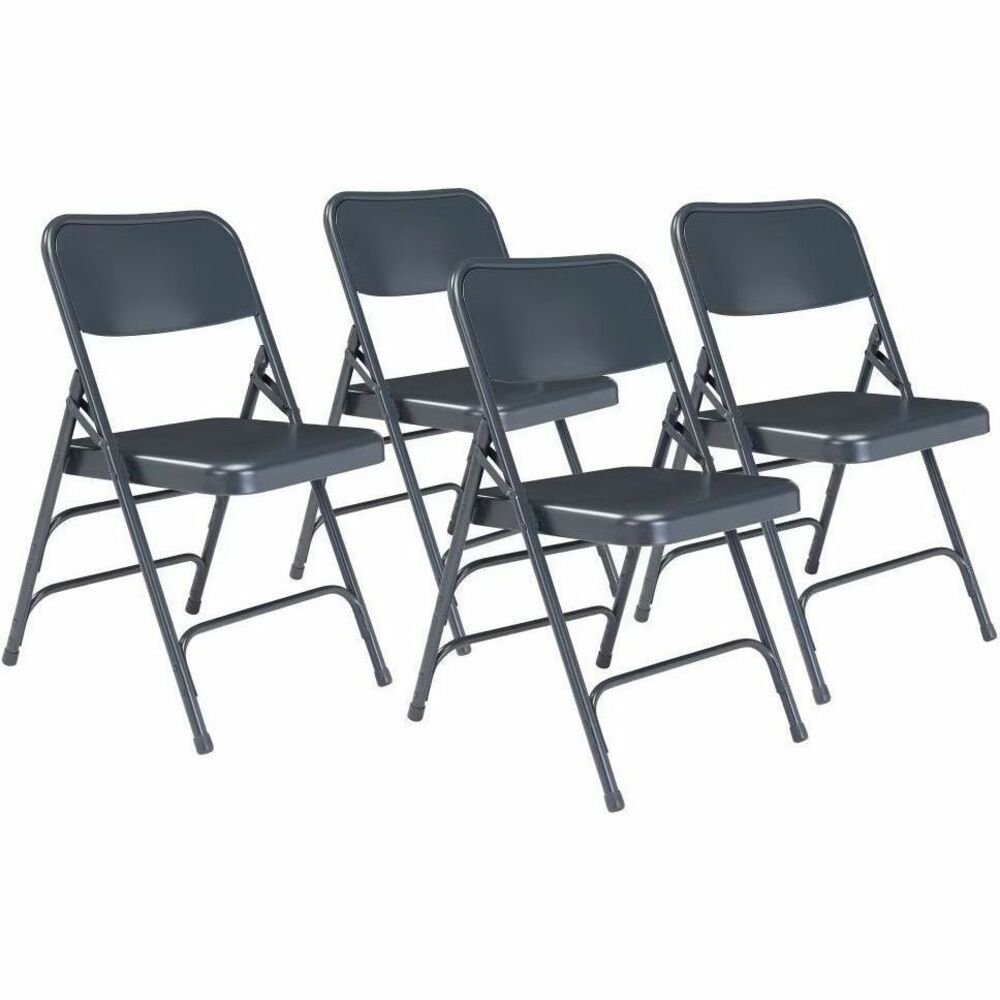 NPS304 - The 300 Series Premium All-Steel Folding Chair features a heavy-duty, powder-coated 18-gauge tubular frame with a 2-1/4" frame strengthener on each side of the seat. Three double-riveted U-braces, one in front and two in the back, securely support the double-hinged legs. The seat is designed with a waterfall-style front for added comfort. A supportive full-sized, double-contoured backrest features curled safety edges and is electromagnetically tack-welded to the frame. Color-coordinated V-tip stability plugs provide added reinforcement at the frame's junction and matching replaceable glides prevent floor damage. The 300 Series meets MAS Certified Green and ANSI/BIFMA standards.   