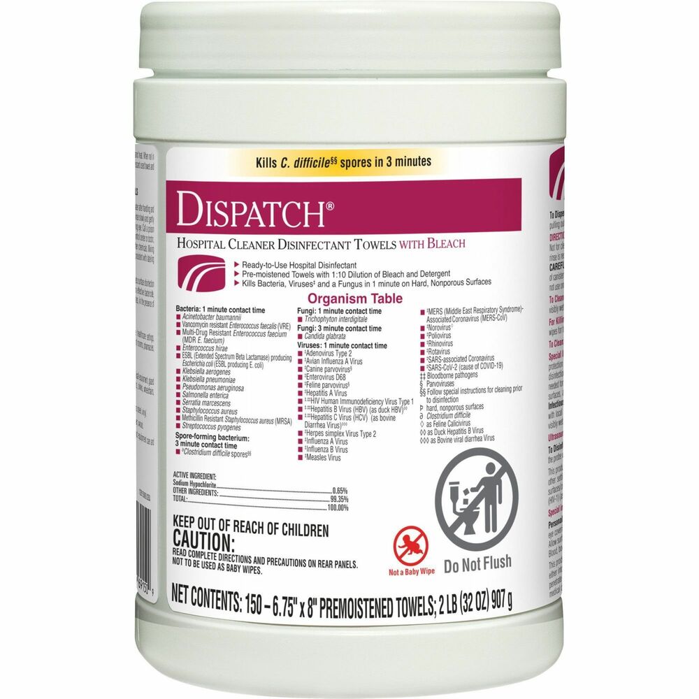 Dispatch Hospital Cleaner Disinfectant Towels with Bleach - For Hospital - Ready-To-Use - Towel - 32 oz (2 lb) - 8" Length x 6.75" Width - Recommended For: Bacteria Remover, Fungi Remover, Virus Remover, Spore Remover - White - 150/Tub - 1 Each