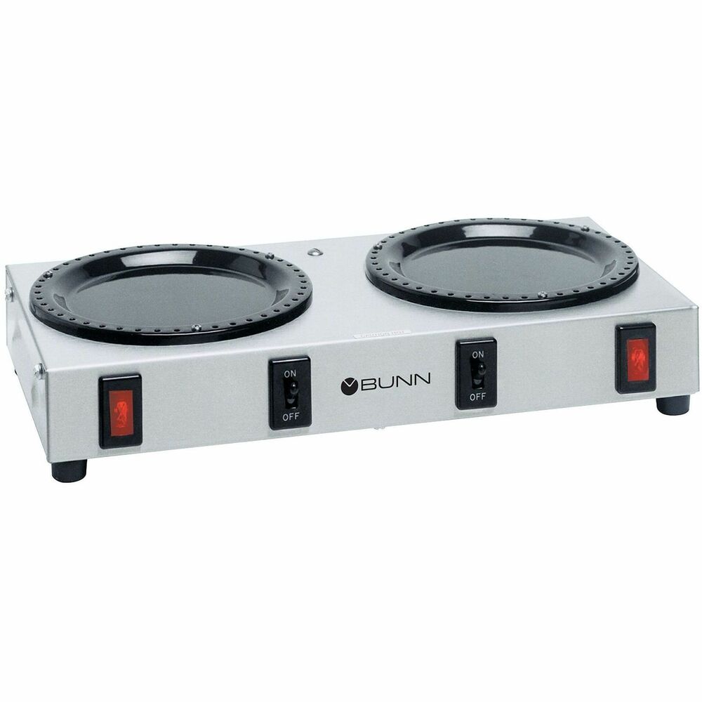 BUN063100004 - Two-station coffee warmer is designed to maintain brewed coffee at proper drinking temperature. Each warmer surface has a separate on/off switch and indicator lamp. Coffee warmer features two porcelain warmers and a rugged stainless steel construction. UL approved for commercial use.