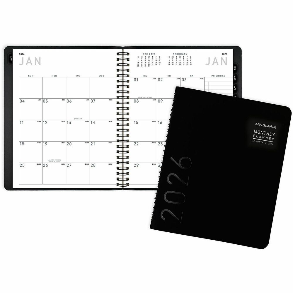 AAG70120X05 - Monthly appointment planner features a suede-like cover with a contemporary design that gives this traditional planner a modern-day look. Dated planning pages range 12 months from January to December. Two-page-per-month spreads include unruled daily blocks, Sunday-through-Saturday scheduling, notes column, federal holidays in red, count of days/days remaining, and past and future months reference blocks. Wire-bound appointment planner also includes a simulated leather cover and special information pages with plenty of space for note-taking and project management.
