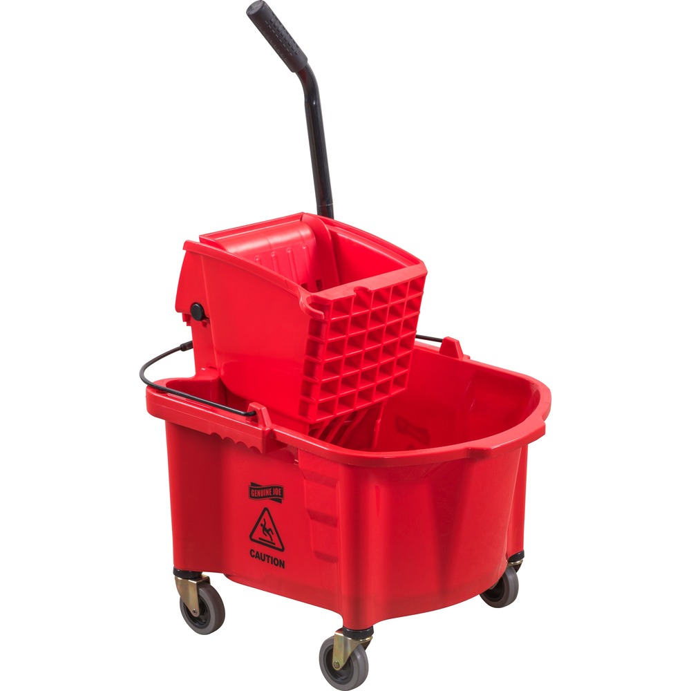 GJO18800 - Tackle your tough, cleaning/mopping jobs with the Splash Shield Mop Bucket/Wringer Combo. Red color differentiates it from the standard yellow buckets. Device includes a mop bucket, wringer and splash guard. International symbol for "Caution" is printed on both sides to alert passersby of the water hazard. Wringer is equipped with an enhanced handle and spring that lasts 50,000 presses. Bucket features easy-to-view measurement lines in both quarts and liters. Move from location to location on four durable and quiet, nonmarking casters. Fingermark indents on both sides, enhanced front and back lips, and the metal handle with plastic grip allow you to lift or move the bucket comfortably. The combo also includes a mop holder slot on the wringer as well as slots for holding trigger-spray bottle and putty knife.