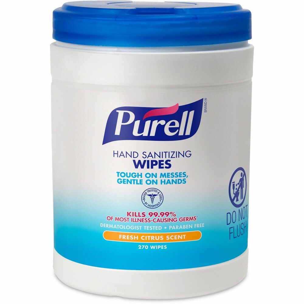 GOJ911306 - Sanitizing wipes kill 99.99 percent of most common germs in as little as 15 seconds. Use this tub dispenser of PURELL Sanitizing Wipes with floor stands and wall brackets (none included) to create a positive and lasting impression with guests, customers and employees. Tested for surface compatibility, wipes do not harm vinyl, plastic, metal or rubber. Nonlinting, durable, textured wipe is convenient for use whenever soap and water are not available. Each wipe measures 6" x 6-3/4".