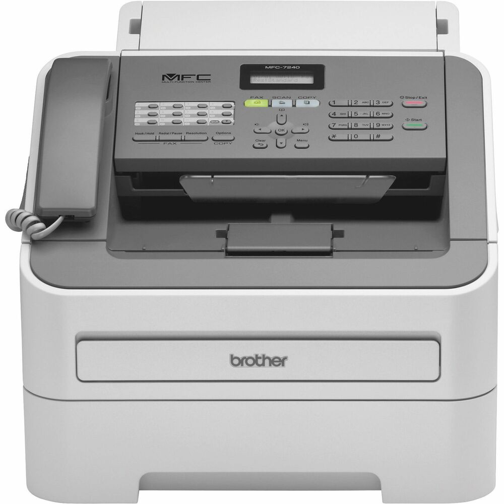 BRTMFC7240 - Multifunction laser printer is ideal for small offices with its compact size and full functionality: high-quality laser printing, scanning, stand-alone copying and stand-alone faxing. Also, its 20-page auto document feeder is convenient for copying, scanning or faxing multipage documents. MFC-7240 prints and copies up to 21 black/white pages per minute. First page is out in less than 10 seconds. Print resolution is 2400 x 600 dpi. Copy resolution is 300 x 600 dpi. Sheetfed scanner offers high-quality black/white scanning with up to 19200 x 19200 dpi (interpolated) resolution and a variety of "scan to" features. Monochrome printer also offers USB 2.0 connectivity, a 16MB memory (400 pages), 14.4Kbps modem, 400-page fax memory, 25 to 400 percent copy scaling, maximum paper size of 8-1/2" x 14" , 250-sheet input tray and telephone handset. Use the handset for Auto Fax/Tel switching so you can receive fax and voice calls on a single phone line. Energy Star qualified.
