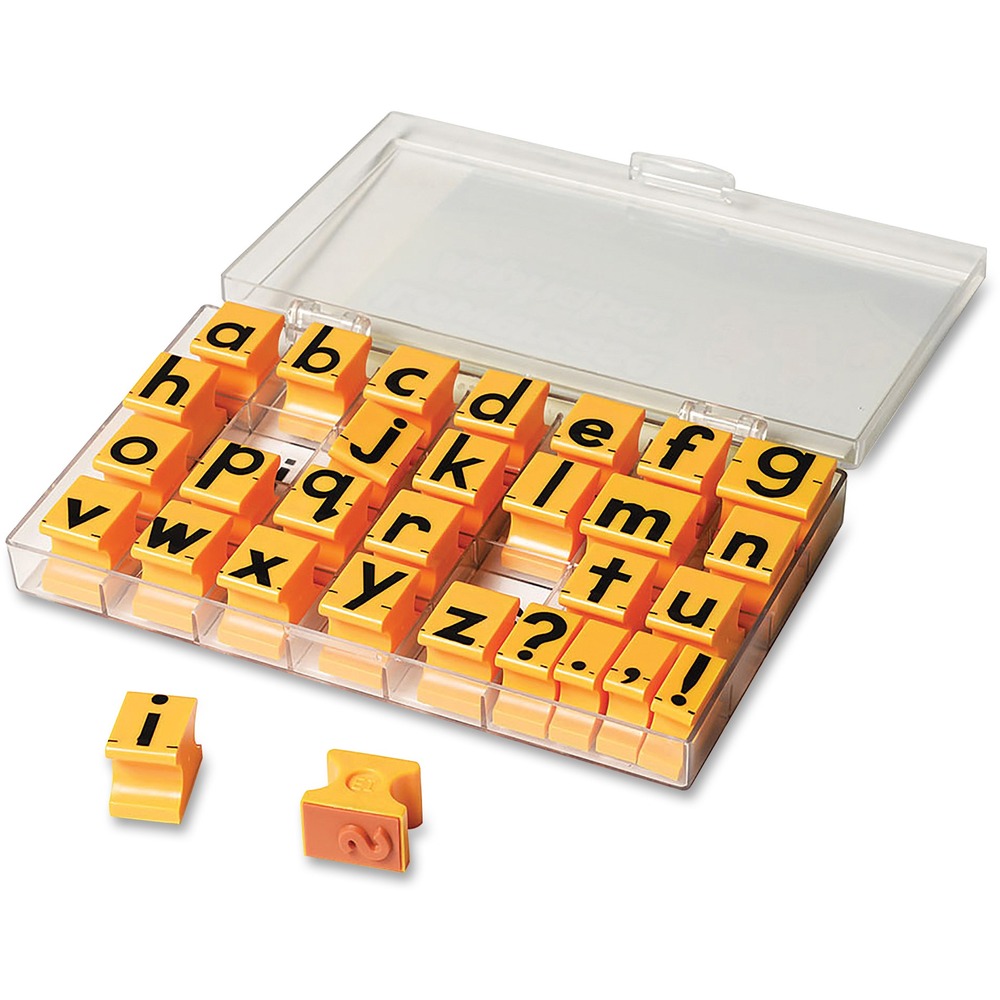 EII1471 - Stamp letters, the alphabet, words and sentences with these lowercase alphabet stamps. Easy-grip handles are sized to accommodate children's hands for enjoyable use. Stamp set includes uppercase letters and punctuation marks to provide a hands-on way to practice building complete sentences. Durable storage case keeps each piece neatly organized and protected from dust for safe storage. Rubber stamps are designed for children 4 and up.