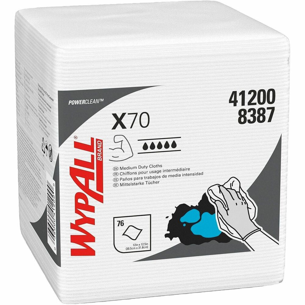 KCC41200 - WypAll X70 Wipers in a quarter-fold format stay strong to provide better cleaning and long-lasting performance. Hydroknit technology allows this thick, strong wiper to absorb oil and water faster than rags or shop towels. Durable design is reusable to allow continual and repeated use. Highly absorbent material cleans oil, grime and solvent with just one wipe. Wipers are perfect for cleaning surfaces and tools, heavy-maintenance wiping and more. They fit the K-C Professional Quarterfold Wiper Dispenser. More from the Manufacturer