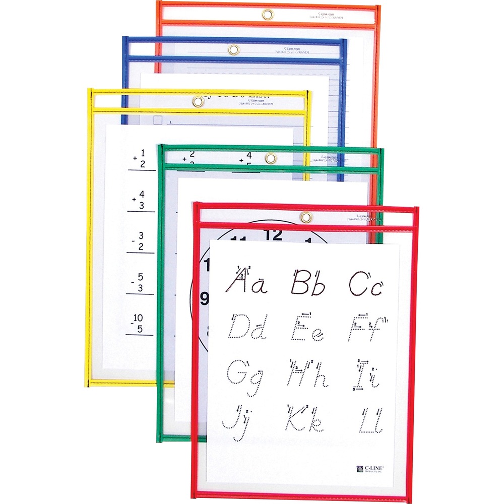 CLI40610 - Reusable Dry Erase Pockets help to improve students' skills. Anyone can easily practice math problems, letters, writing skills and more. Helps to save the environment, paper, time, and money by eliminating copying worksheets over and over again. Reusable super heavyweight pocket lasts a long time. Convenient eyelet for hanging. Easily clean with a soft dry cloth or tissue when used with a low-odor dry erase marker or dry erase crayon (not included). 10/PK. Assortment includes 2 each primary colors: red, orange, yellow, green and blue. Insert Size: 9 x 12, or smaller sized papers. Download free C-Line educational dry erase templates.