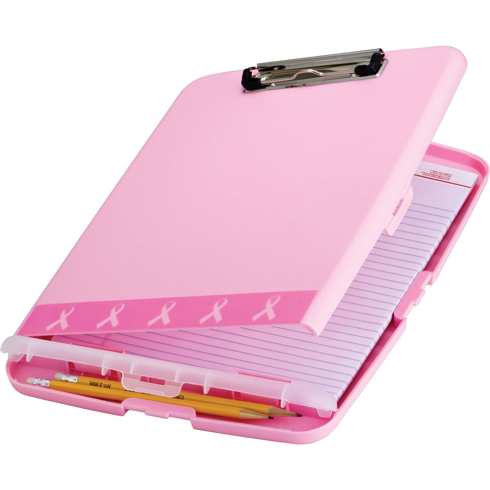 OIC08925 - Slim Clipboard Storage Box is slender enough to fit into most briefcases but offers ample storage space for papers, forms, notepads and more. Pink color with pink ribbon supports breast cancer awareness. Separate storage compartment organizes your pens and pencils. Low-profile, steel clip provides a strong grip to secure papers for quick reference. More from the Manufacturer