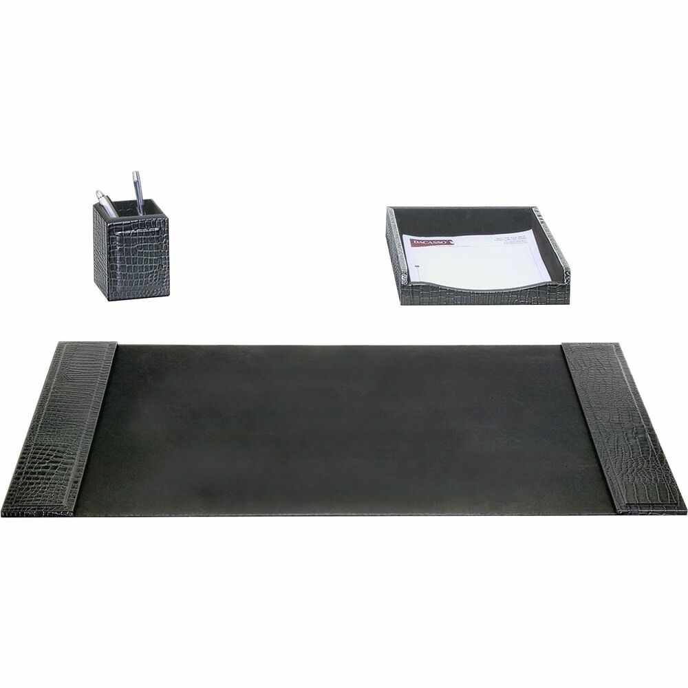 DACD2237 - Three-Piece Desk Set features a crocodile embossed design to add a smart, sophisticated look to your desk. Leather adds professional style to any work space. Soft velveteen protects surfaces from scuffs and scratches. Desk set includes a desk pad, letter-size tray and pencil cup.