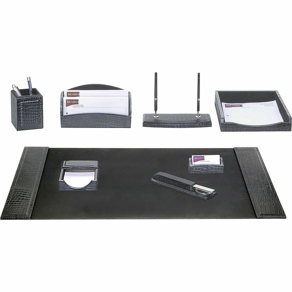 DACD2212 - Eight-Piece Desk Set features a crocodile embossed design to add a smart, sophisticated look to your desk. Leather adds professional style to any work space. Soft velveteen protects surfaces from scuffs and scratches. Desk set includes a desk pad, letter-size tray, pencil cup, memo holder, letter holder, business card holder, library set and double pen stand.
