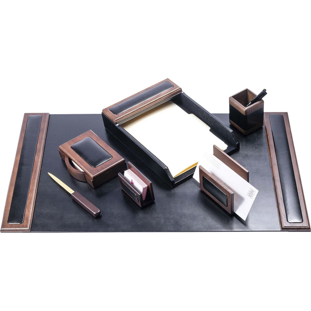 DACD8404 - Seven-Piece Desk Set features an assortment of durable supplies to help you work efficiently throughout the day. Top-grain leather adds professional style to any work space. Soft velveteen protects surfaces from scuffs and scratches. Desk set includes a desk pad, letter-size tray, pencil cup, memo holder, business card holder, letter opener and letter holder.