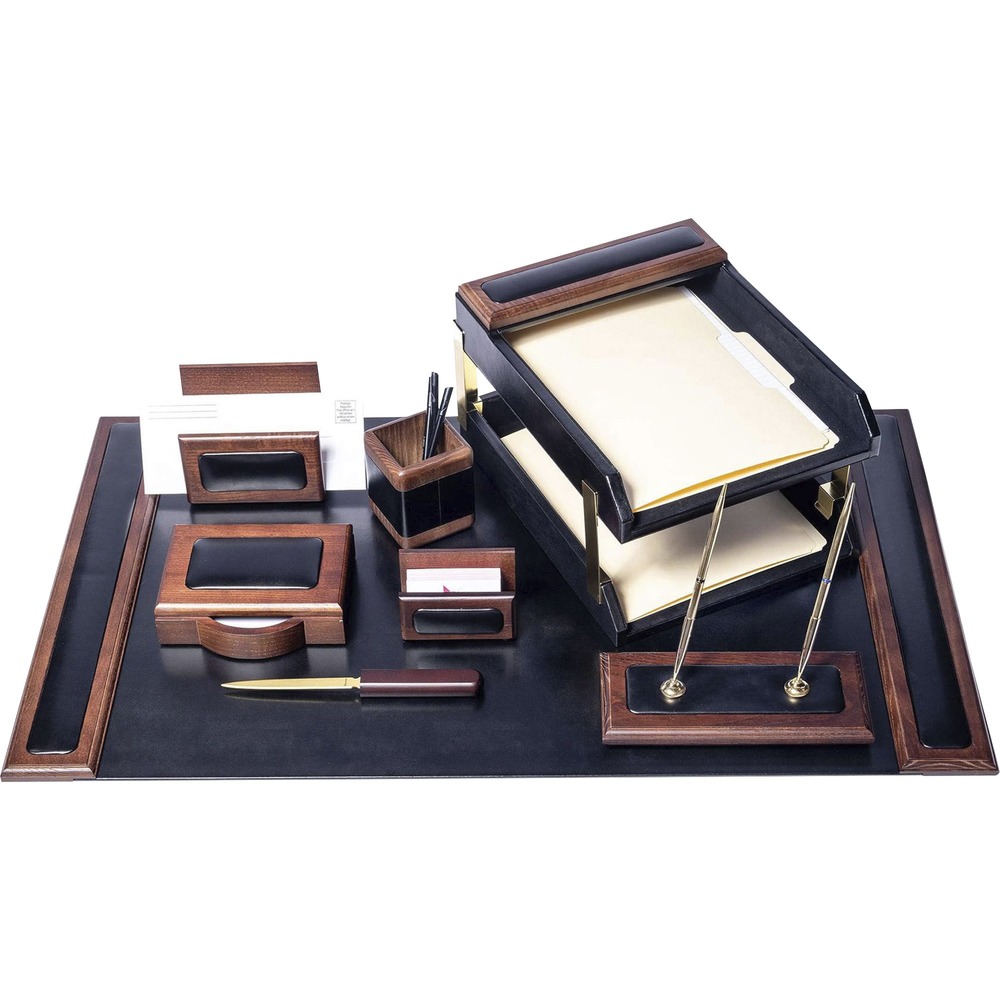 DACD8420 - 10-Piece Desk Set features an assortment of durable supplies to help you work efficiently throughout the day. Top-grain leather adds professional style to any work space. Soft velveteen protects surfaces from scuffs and scratches. Desk set includes a desk pad, two letter-size trays, pencil cup, memo holder, letter holder, business card holder, letter opener, double pen stand and stacking tray posts.