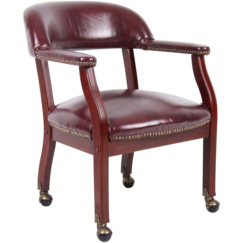 BOPB9545BY - Captain's Guest Arm Chair with Casters brings an air of sophistication to any office environment. It is perfect for executive suites, conference rooms and even lounges. Chair features traditional styling; hand-applied, individual, nail head trim; rich, mahogany wood finish; and sturdy, hardwood frame. Soft, durable, vinyl upholstery looks immaculate with a variety of color schemes. Four-leg base utilizes hooded, brass casters for easy mobility. Weight capacity is 275 lb.