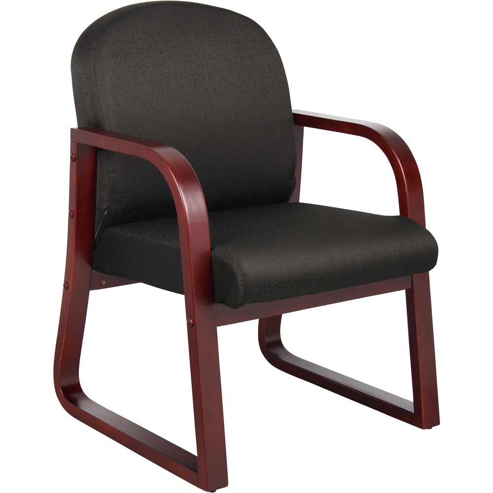 BOPB9570BK - Wood Reception Chair is the perfect option for any office, waiting room, conference room or event. It features a molded wood frame and mahogany finish for a sleek look that's as alluring as it is professional. Extra-thick seat and back cushions provide a comfortable sitting experience for all your guests and visitors.