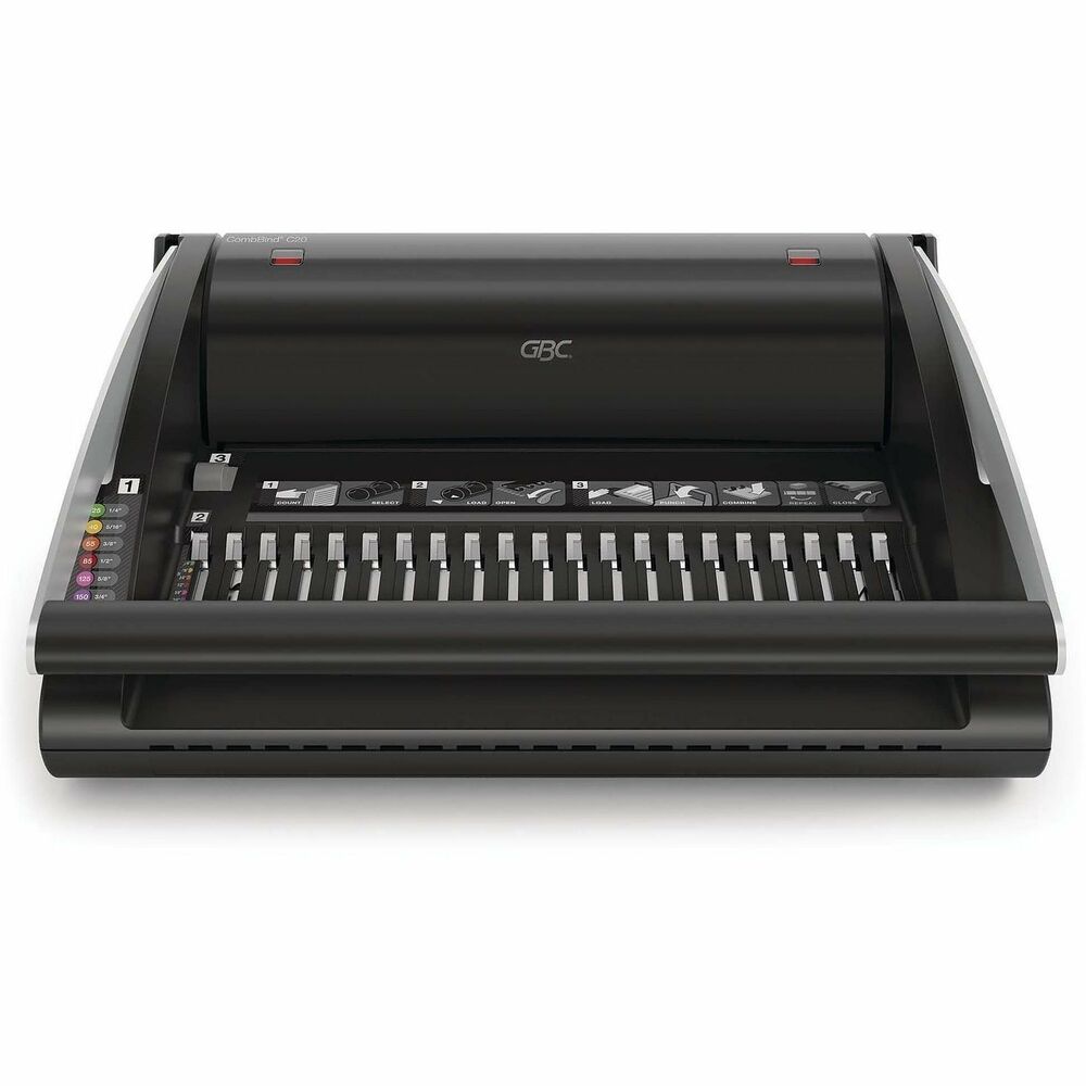GBC7706172 - C20 CombBind Machine features a staging area to hold documents before punching or binding, and a vertical punch for better workflow and paper alignment. Binding machine punches up to 20 sheets of letter-size, oversize and A4 documents and binds up to 330 sheets. Ideal for medium to large offices with moderate and regular usage. Low-profile combs with unique comb opening guide help load spines easily. Binding machine also includes an ergonomic low-force punch handle and QuickStep user guide.