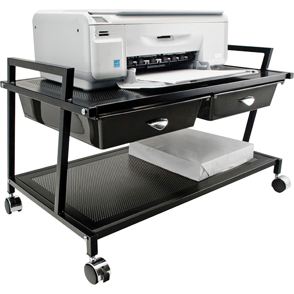 VRTVF95530 - With durable steel construction, this versatile machine stand is sturdy enough to hold a personal printer, fax machine or copier. Two convenient drawers below the top shelf can hold printer supplies, specialty paper and more. Easy-to-assemble, underdesk machine stand rolls easily on four twin-wheel casters (two locking).