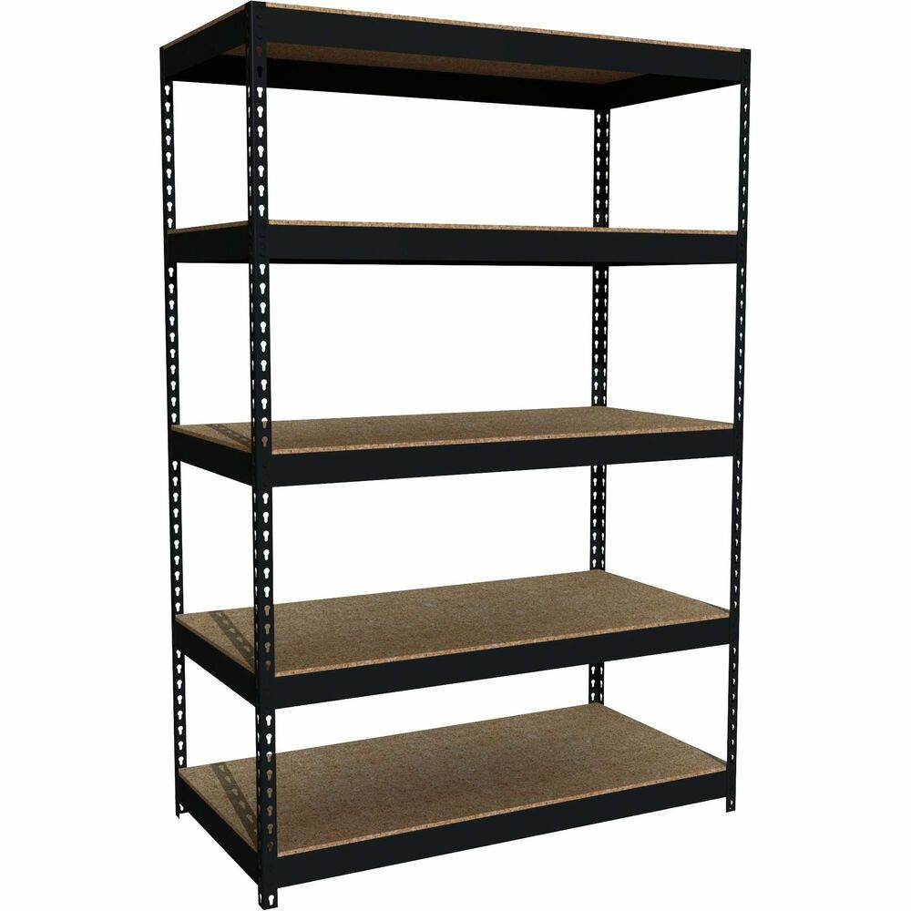 LLR60624 - Riveted Steel Shelving offers sturdy storage space for your heavy supplies. Shelving unit includes five shelves and holds a total capacity of 3,800 lb. of evenly distributed weight with its heavy-duty, riveted steel construction. Each 1/2" thick shelf is made of treated particleboard that is fully compliant with the California Carb Act of 2011. Boltless design assembles with rubber mallet in less than 30 minutes. Shelving assembles vertically or horizontally to fit most any space. Sleek black styling features riveted shelf attachments and a smooth, powder-coat finish that is rust-resistant.