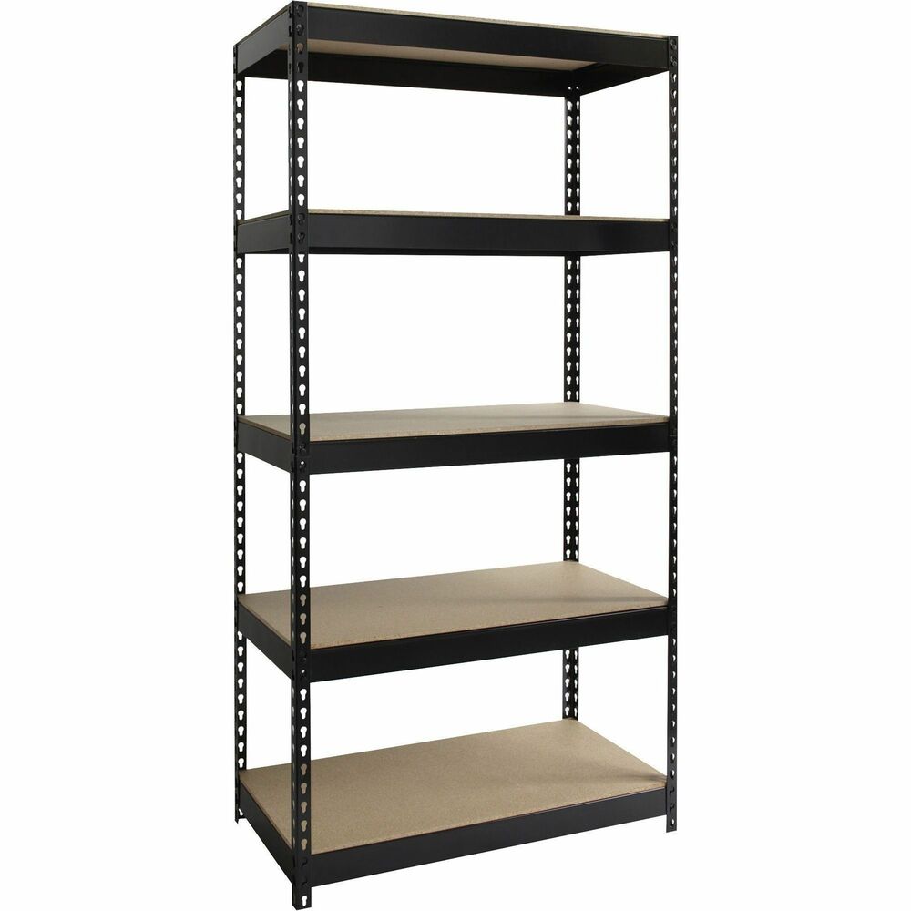 LLR61621 - Riveted Steel Shelving offers sturdy storage space for your heavy supplies. Shelving unit includes five shelves and holds a total capacity of 3,800 lb. of evenly distributed weight with its heavy-duty, riveted steel construction. Each 3/8" thick shelf is made of treated particleboard that is fully compliant with the California Carb Act of 2011. Boltless design assembles with rubber mallet in less than 30 minutes. Shelving assembles vertically or horizontally to fit most any space. Sleek black styling features riveted shelf attachments and a smooth, powder-coat finish that is rust-resistant.