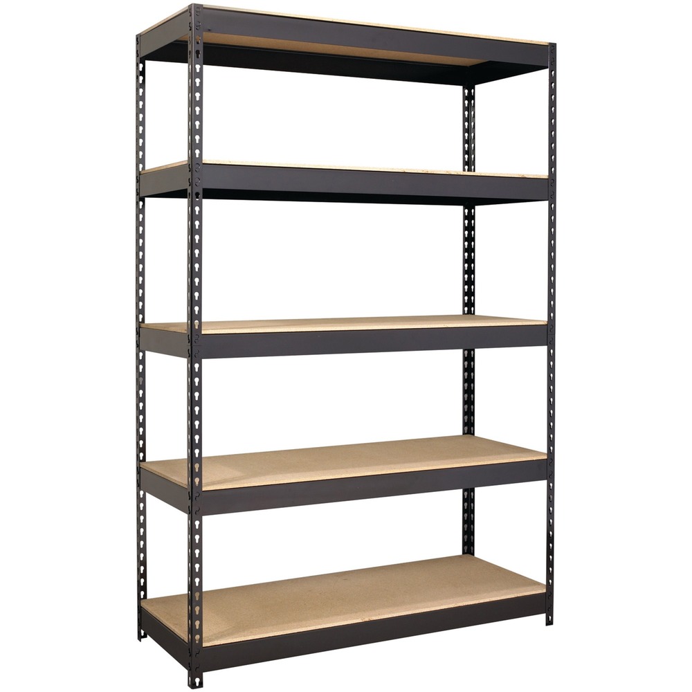 LLR61622 - Riveted Steel Shelving offers sturdy storage space for your heavy supplies. Shelving unit includes five shelves and holds a total capacity of 3,800 lb. of evenly distributed weight with its heavy-duty, riveted steel construction. Each 3/8" thick shelf is made of treated particleboard that is fully compliant with the California Carb Act of 2011. Boltless design assembles with rubber mallet in less than 30 minutes. Shelving assembles vertically or horizontally to fit most any space. Sleek black styling features riveted shelf attachments and a smooth, powder-coat finish that is rust-resistant.