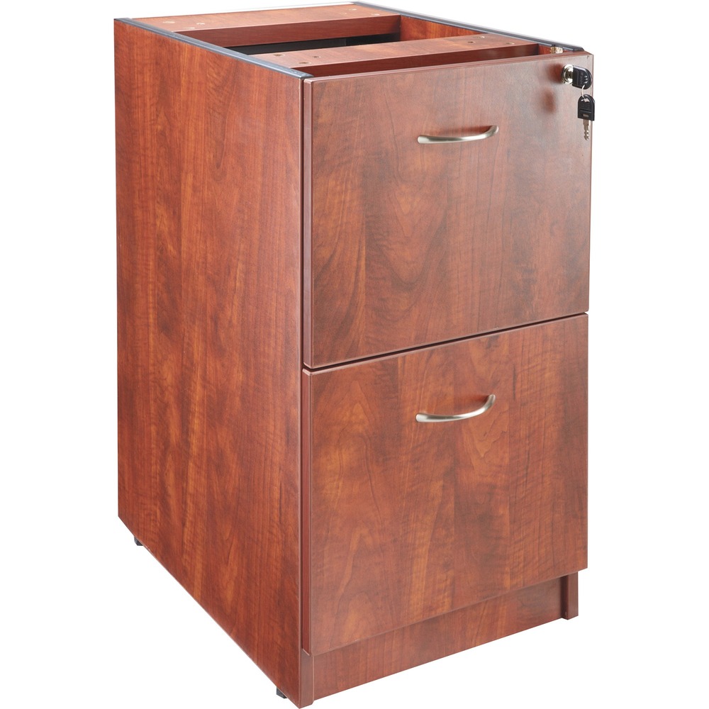 LLR69606 - Fixed pedestal is part of Lorell Essentials Series Laminate Furniture with high-quality, Cherry laminate construction. Pedestal includes two file drawers to store important files. Each file drawer includes hangrails and holds letter-size and legal-size hanging files. Design also includes heavy-duty, ball-bearing suspension; 96mm metal drawer pulls with a silver brush finish; and 3mm PVC edges. Pedestal attaches to the underside of the top of an Essentials Series desk, credenza or return with the included fasteners and extends to the floor. It does not have a top and should not be used alone.