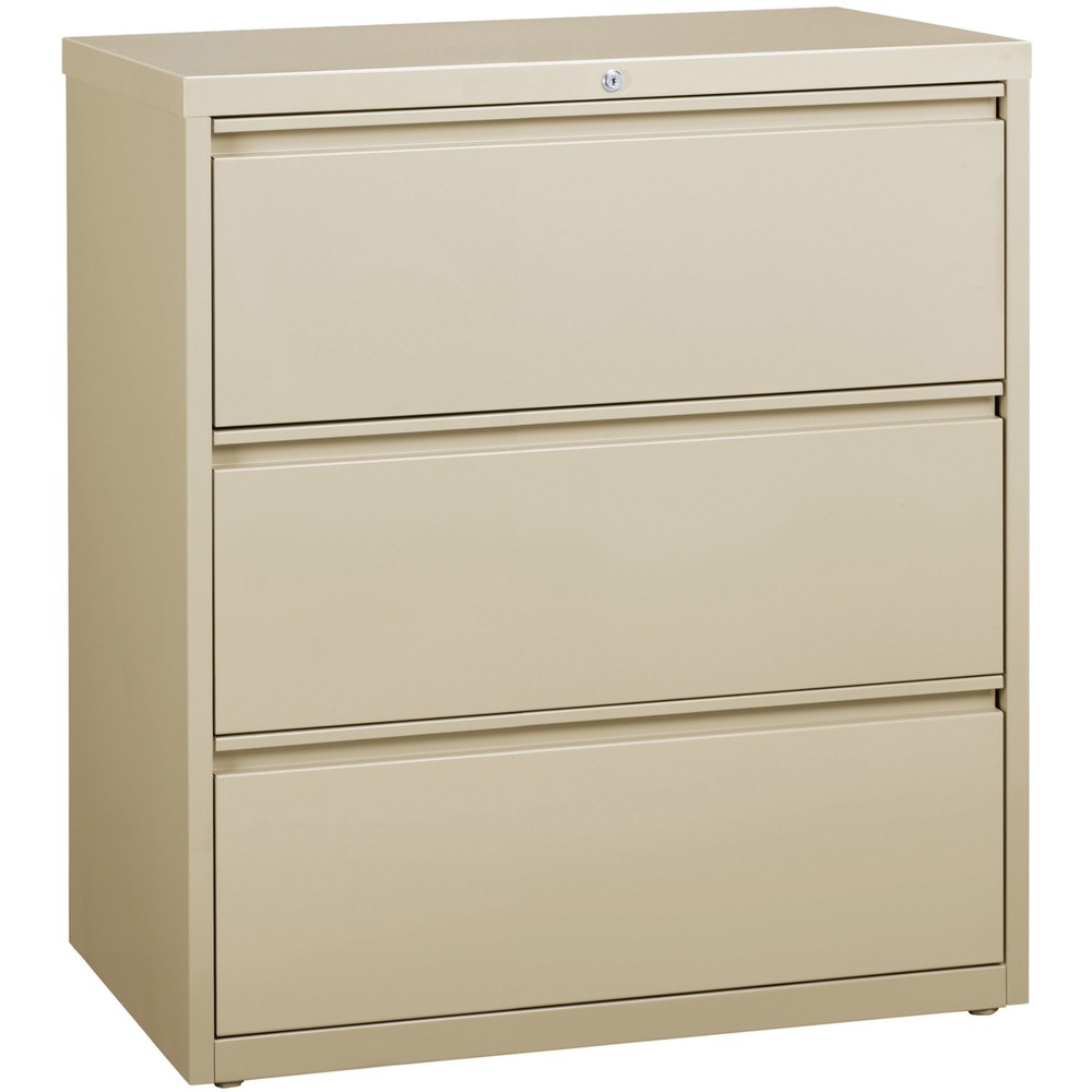 LLR88027 - 36" wide lateral file features three versatile drawers with hanging file rails for side-to-side filing in letter-size, legal-size or A4-size. Each drawer has a magnetic label holder for easy identification where you need it. Design also features a core-removable lock for security, dual locking bars, full-width pull, ball-bearing slide suspension for smooth opening and closing, reinforced base, and four adjustable leveling guides for stabilization. Interlock system prohibits the extension of more than one drawer at a time for your safety. Counterweight prevents tipping. Lateral file meets or exceeds applicable ANSI/BIFMA standards. More from the Manufacturer
