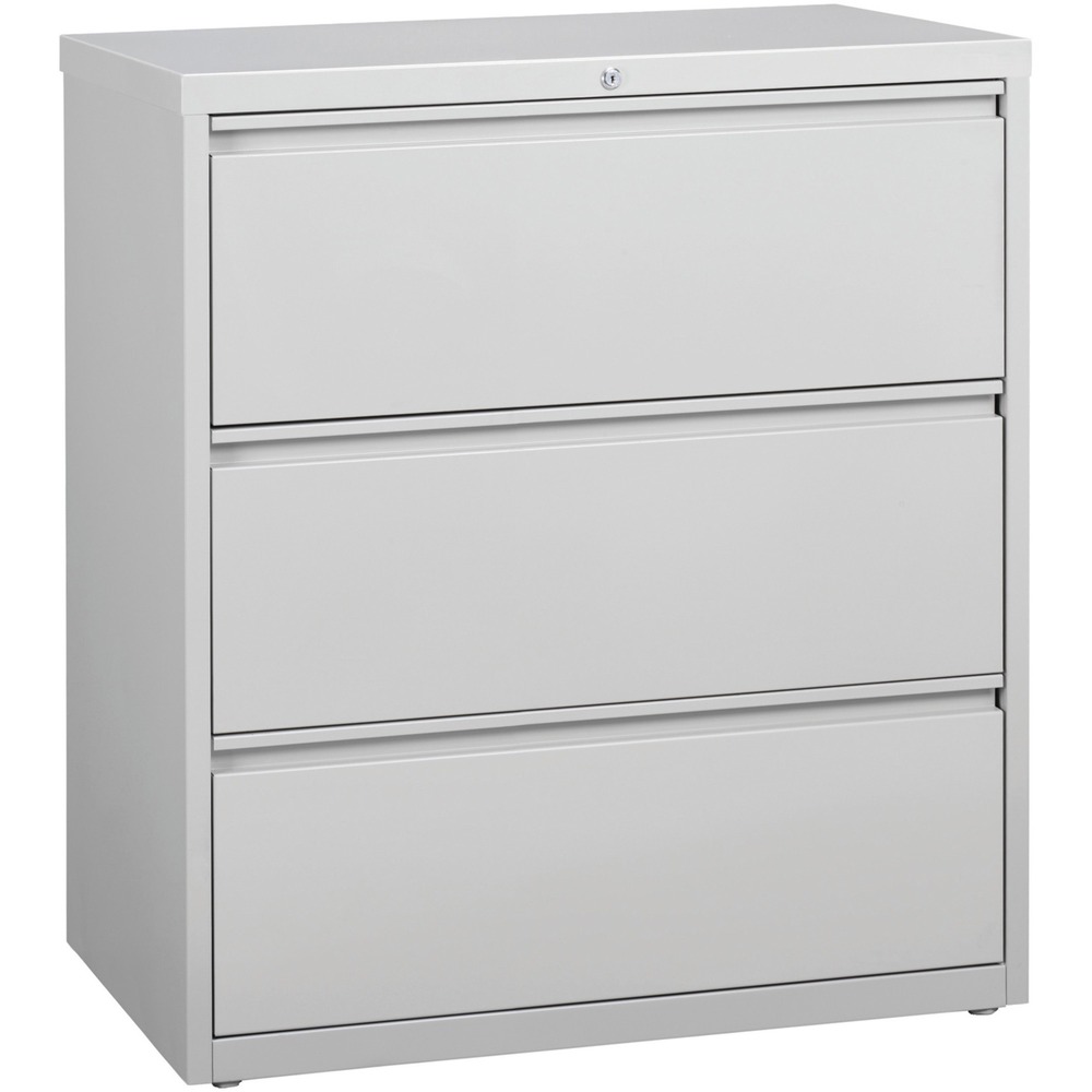 LLR88029 - 36" wide lateral file features three versatile drawers with hanging file rails for side-to-side filing in letter-size, legal-size or A4-size. Each drawer has a magnetic label holder for easy identification where you need it. Design also features a core-removable lock for security, dual locking bars, full-width pull, ball-bearing slide suspension for smooth opening and closing, reinforced base, and four adjustable leveling guides for stabilization. Interlock system prohibits the extension of more than one drawer at a time for your safety. Counterweight prevents tipping. Lateral file meets or exceeds applicable ANSI/BIFMA standards. More from the Manufacturer