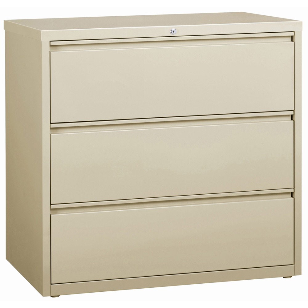 LLR88030 - 42" wide lateral file features three versatile drawers with hanging file rails for side-to-side filing in letter-size, legal-size or A4-size. Each drawer has a magnetic label holder for easy identification where you need it. Design also features a core-removable lock for security, dual locking bars, full-width pull, ball-bearing slide suspension for smooth opening and closing, reinforced base, and four adjustable leveling guides for stabilization. Interlock system prohibits the extension of more than one drawer at a time for your safety. Counterweight prevents tipping. Lateral file meets or exceeds applicable ANSI/BIFMA standards. More from the Manufacturer