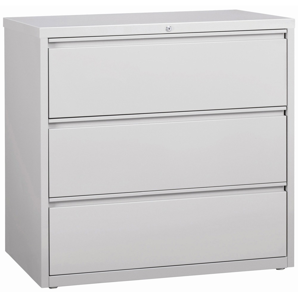 LLR88032 - 42" wide lateral file features three versatile drawers with hanging file rails for side-to-side filing in letter-size, legal-size or A4-size. Each drawer has a magnetic label holder for easy identification where you need it. Design also features a core-removable lock for security, dual locking bars, full-width pull, ball-bearing slide suspension for smooth opening and closing, reinforced base, and four adjustable leveling guides for stabilization. Interlock system prohibits the extension of more than one drawer at a time for your safety. Counterweight prevents tipping. Lateral file meets or exceeds applicable ANSI/BIFMA standards. More from the Manufacturer