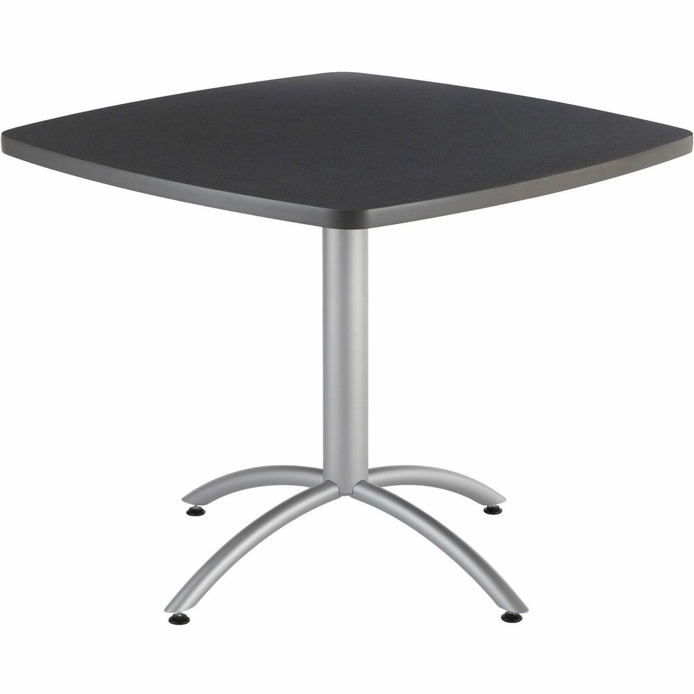 ICE65618 - Cafe table is part of the Iceberg CafeWorks Cafe and Bistro Tables and Seating that is ergonomically designed for comfort and contemporary style. 1-1/8" thick, square melamine top features a wear-resistant design with vinyl, T-mold edging. Top is made of furniture-grade particleboard core. Melamine-sealed underside prevents moisture absorption. The sleek and contemporary, sturdy all-steel base features a powder-coated silver finish. Adjustable feet help compensate for uneven flooring. Cafe dining table features a 30" height to fit perfectly with CafeWorks cafe chairs that offer an 18" seat height.