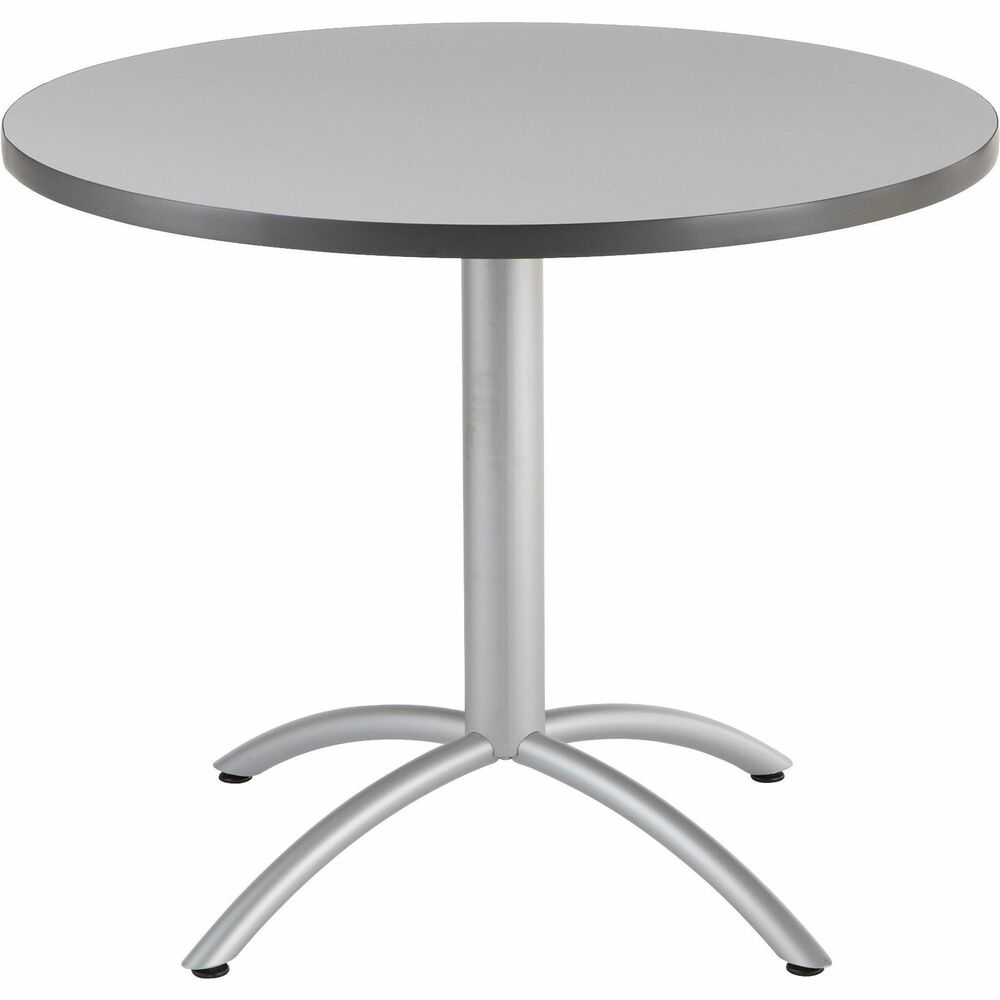 ICE65621 - Cafe table is part of the Iceberg CafeWorks Cafe and Bistro Tables and Seating that is ergonomically designed for comfort and contemporary style. 1-1/8" thick, round melamine top features a wear-resistant design with vinyl, T-mold edging. Top is made of furniture-grade particleboard core. Melamine-sealed underside prevents moisture absorption. The sleek and contemporary, sturdy all-steel base features a powder-coated silver finish. Adjustable feet help compensate for uneven flooring. Cafe dining table features a 30" height to fit perfectly with CafeWorks cafe chairs that offer an 18" seat height.