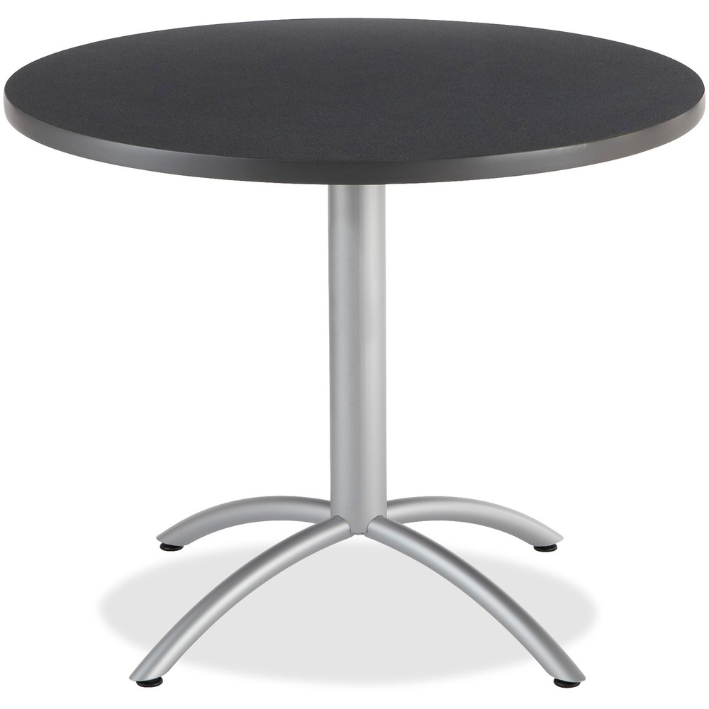 ICE65628 - Cafe table is part of the Iceberg CafeWorks Cafe and Bistro Tables and Seating that is ergonomically designed for comfort and contemporary style. 1-1/8" thick, round melamine top features a wear-resistant design with vinyl, T-mold edging. Top is made of furniture-grade particleboard core. Melamine-sealed underside prevents moisture absorption. The sleek and contemporary, sturdy all-steel base features a powder-coated silver finish. Adjustable feet help compensate for uneven flooring. Cafe dining table features a 30" height to fit perfectly with CafeWorks cafe chairs that offer an 18" seat height.