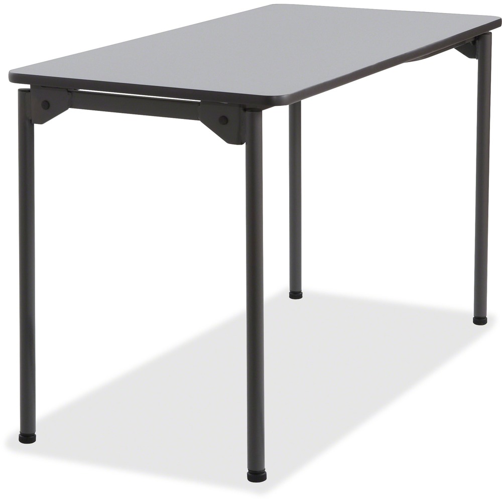 ICE65807 - Folding table delivers extreme quality that meets every commercial and institutional need. Innovative, open corner leg design eliminates the need for a crossbar - providing maximum leg room and seating capacity. Single cam, one-handed leg-fold release saves setup time. Extremely durable, multipurpose rectangular table folds flat for storage. Bumpers protect tables when stacked. 3/4" thick, melamine surface features a wear-resistant design with vinyl, T-mold edging. Top is made of furniture-grade particleboard core. Melamine-sealed underside prevents moisture absorption. Four-leg base is made of steel and features nonmar feet.