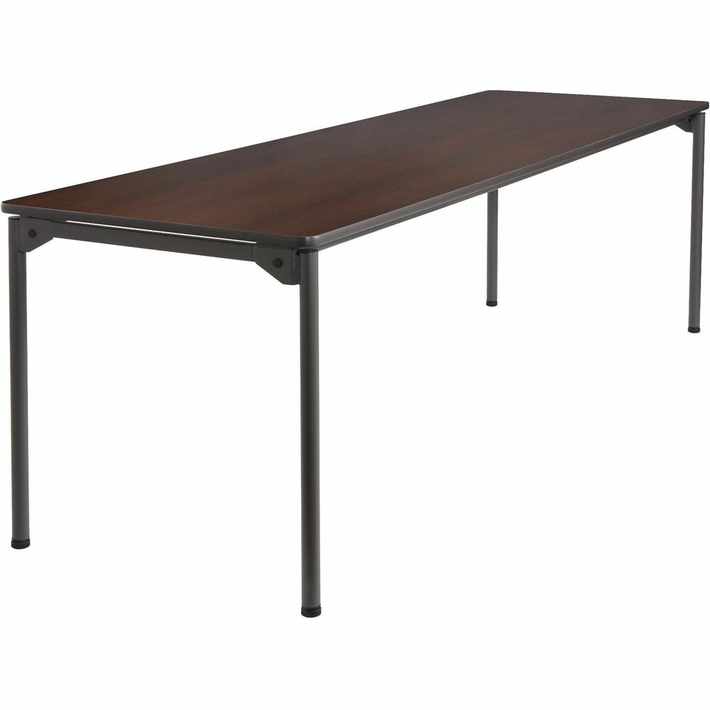 ICE65834 - Folding table delivers extreme quality that meets every commercial and institutional need. Innovative, open corner leg design eliminates the need for a crossbar - providing maximum leg room and seating capacity. Single cam, one-handed leg-fold release saves setup time. Extremely durable, multipurpose rectangular table folds flat for storage. Bumpers protect tables when stacked. 3/4" thick, melamine surface features a wear-resistant design with vinyl, T-mold edging. Top is made of furniture-grade particleboard core. Melamine-sealed underside prevents moisture absorption. Four-leg base is made of steel and features nonmar feet.