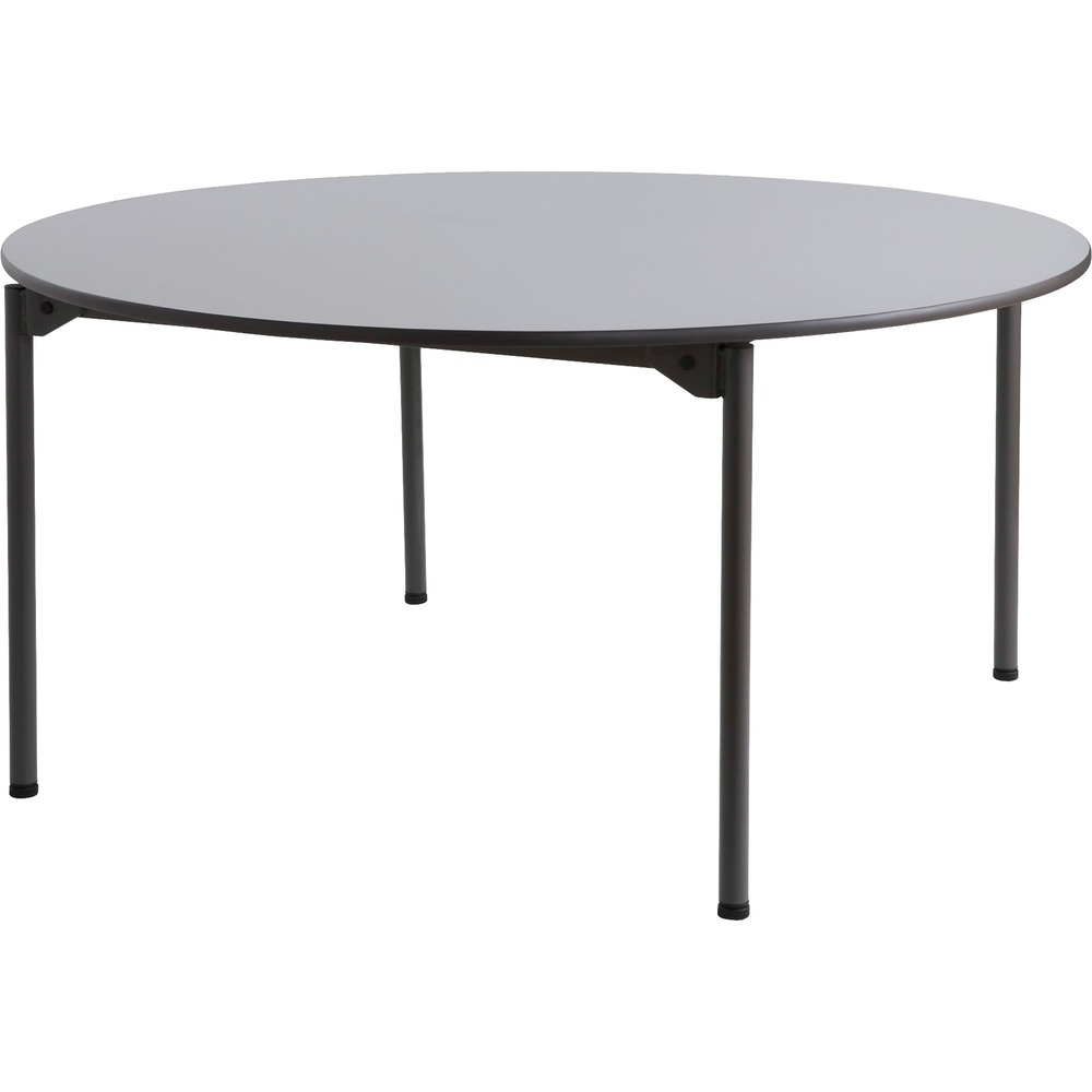 ICE65867 - Folding table delivers extreme quality that meets every commercial and institutional need. Innovative, open corner leg design eliminates the need for a crossbar - providing maximum leg room and seating capacity. Single cam, one-hand leg-fold release saves setup time. Extremely durable, multipurpose round table folds flat for storage. Bumpers protect tables when stacked. 3/4" thick, melamine surface features a wear-resistant design with vinyl, T-mold edging. Top is made of furniture-grade particleboard core. Melamine-sealed underside prevents moisture absorption. Four-leg base is made of steel and features nonmar feet.