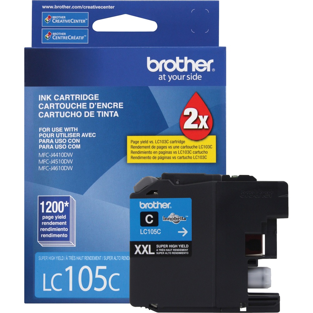 BRTLC105C - Super high-yield ink cartridges are designed for use with Brother MFC-J4310DW, MFC-J4410DW, MFC-J4510DW, MFC-J4610DW, MFC-J4710DW, MFC-J6520DW, MFC-J6720DW and MFC-J6920DW. Innobella ink technology delivers print longevity, richer colors and sharper images. Each cartridge yields approximately 1,200 pages.
