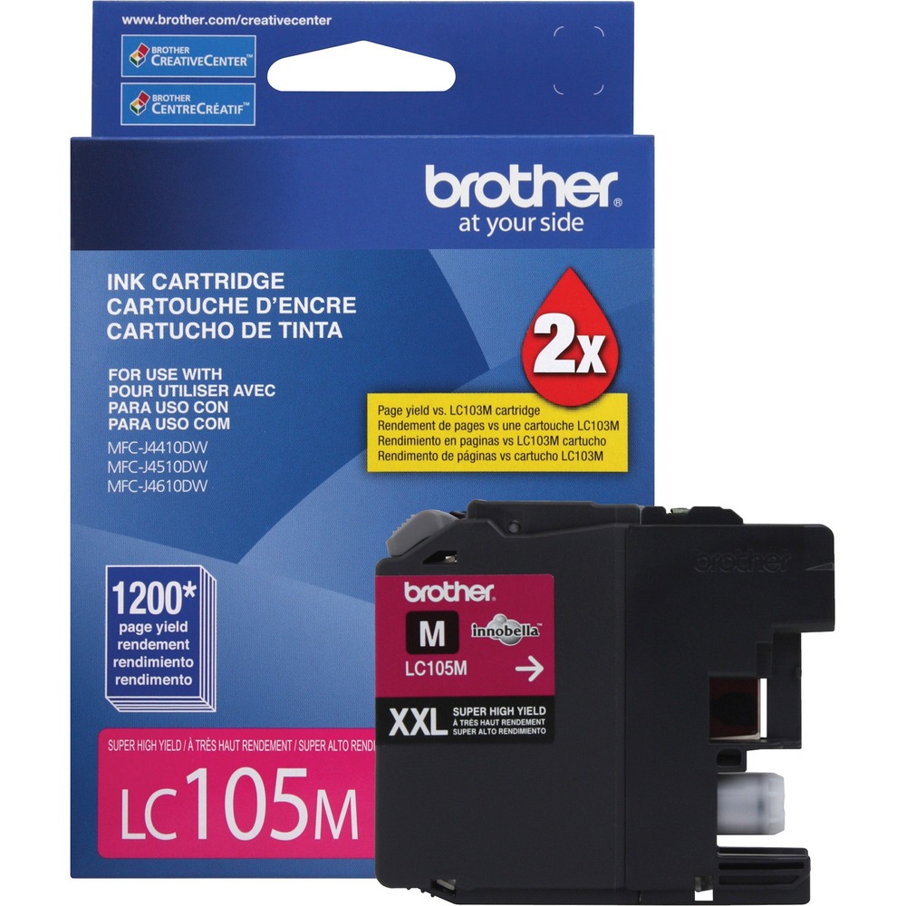 BRTLC105M - Super high-yield ink cartridges are designed for use with Brother MFC-J4310DW, MFC-J4410DW, MFC-J4510DW, MFC-J4610DW, MFC-J4710DW, MFC-J6520DW, MFC-J6720DW and MFC-J6920DW. Innobella ink technology delivers print longevity, richer colors and sharper images. Each cartridge yields approximately 1,200 pages.
