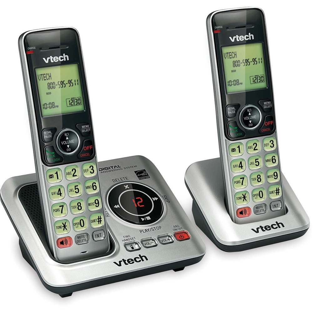 VTECS66292 - Cordless phone with a digital answering system features DECT 6.0 technology to provide a greater call range without interfering with wireless routers. Handset speakerphone increases participation by allowing both ends to speak and be heard at the same time for conversations that are more true to life. Backlit keypad and display provide excellent visibility in low-light environments. Eco-mode allows the system to use less energy to extend your battery life during prolonged use. Quiet mode silences the ringer to prevent interruption. Expandable design allows you to connect up to five additional devices (sold separately) with only one phone jack. Cordless phone includes two handsets, Caller ID, Call Waiting, voicemail waiting indicator and more.