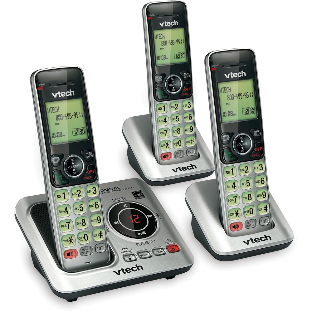 VTECS66293 - Cordless phone with a digital answering system features DECT 6.0 technology to provide a greater call range without interfering with wireless routers. Handset speakerphone increases participation by allowing both ends to speak and be heard at the same time for conversations that are more true to life. Backlit keypad and display provide excellent visibility in low-light environments. Eco-mode allows the system to use less energy to extend your battery life during prolonged use. Quiet mode silences the ringer to prevent interruption. Expandable design allows you to connect up to five additional devices (sold separately) with only one phone jack. Cordless phone includes three handsets, Caller ID, Call Waiting, voicemail waiting indicator and more.