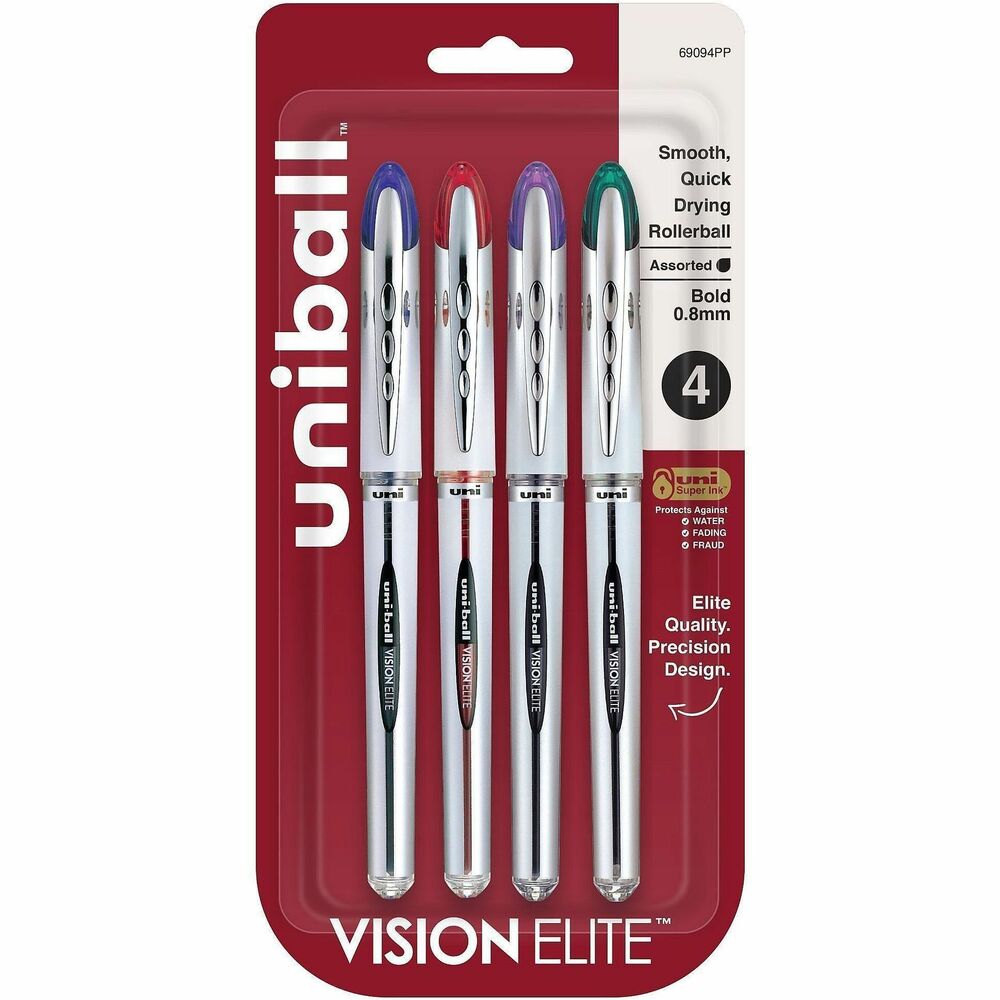 UBC69094PP - Vision Elite Rollerball Pens feature bend-resistant, stainless steel, bold tip (0.8mm) and tungsten carbide rollerball to help you create vivid, imaginative ideas. Capped pens deliver smooth, intense lines with unparalleled definition useful for taking notes, making lists, signing checks and legal documents and embellishing projects. Innovative, uni Super Ink technology effectively entraps gel ink into paper, producing fraud-resistant, fade-resistant and water-resistant documents that prevent check washing or bleaching. Pens are useful for travelers by withstanding cabin pressure variances without leaking. Exclusive, uni-Flow Ink System ensures a consistent, fluid writing experience. Translucent window lets you see when your ink is low to avoid running out. Express your style with the sleek, modern design and elite performance of these pens.