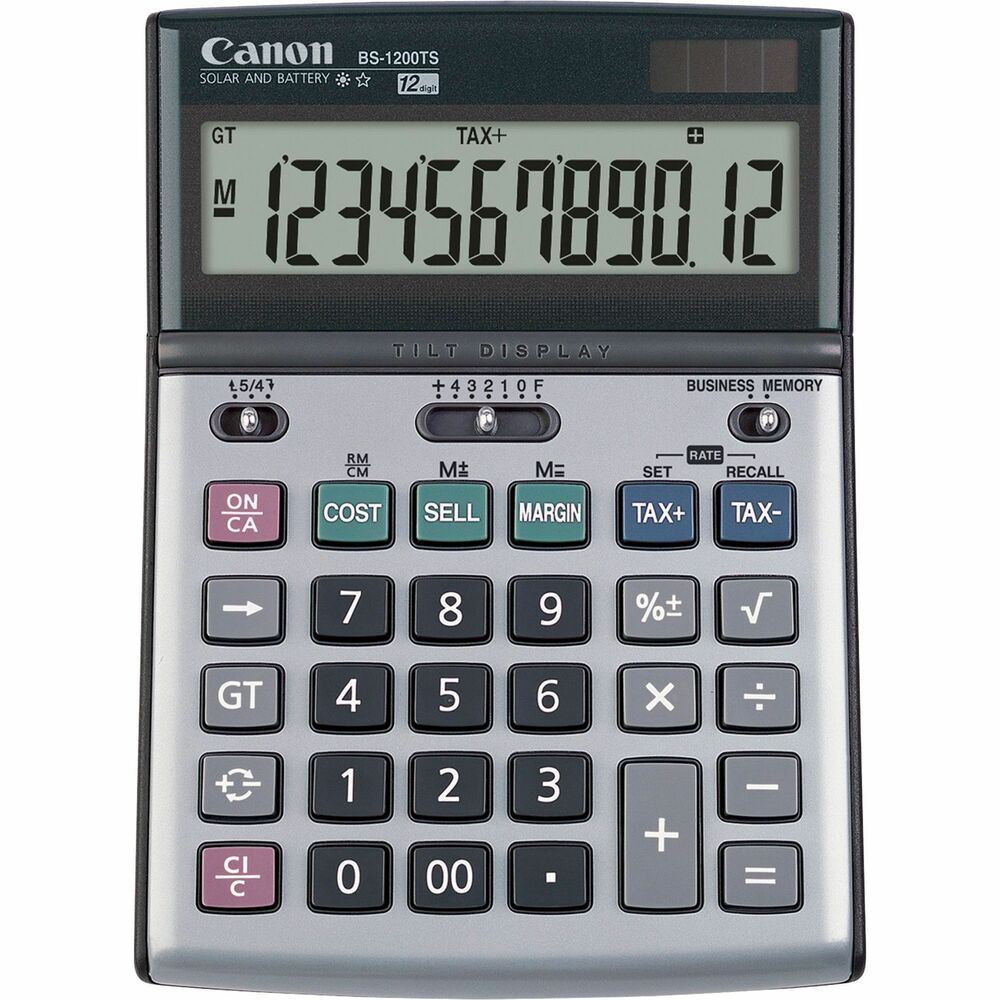 CNMBS1200TS - Ideal for professional users, 12-digit desktop calculator is equipped with advanced functions, wide design, durable double-injection keytops and tilt-adjustable LCD. Functions include tax calculation, business calculation, grand total key, sign change, decimal point (+, 4, 3, 2, 0, F), rounding, shift key and backspace key. Calculator also features a protective metal plate. Dual-power calculator automatically powers off after use and runs on solar and battery power.