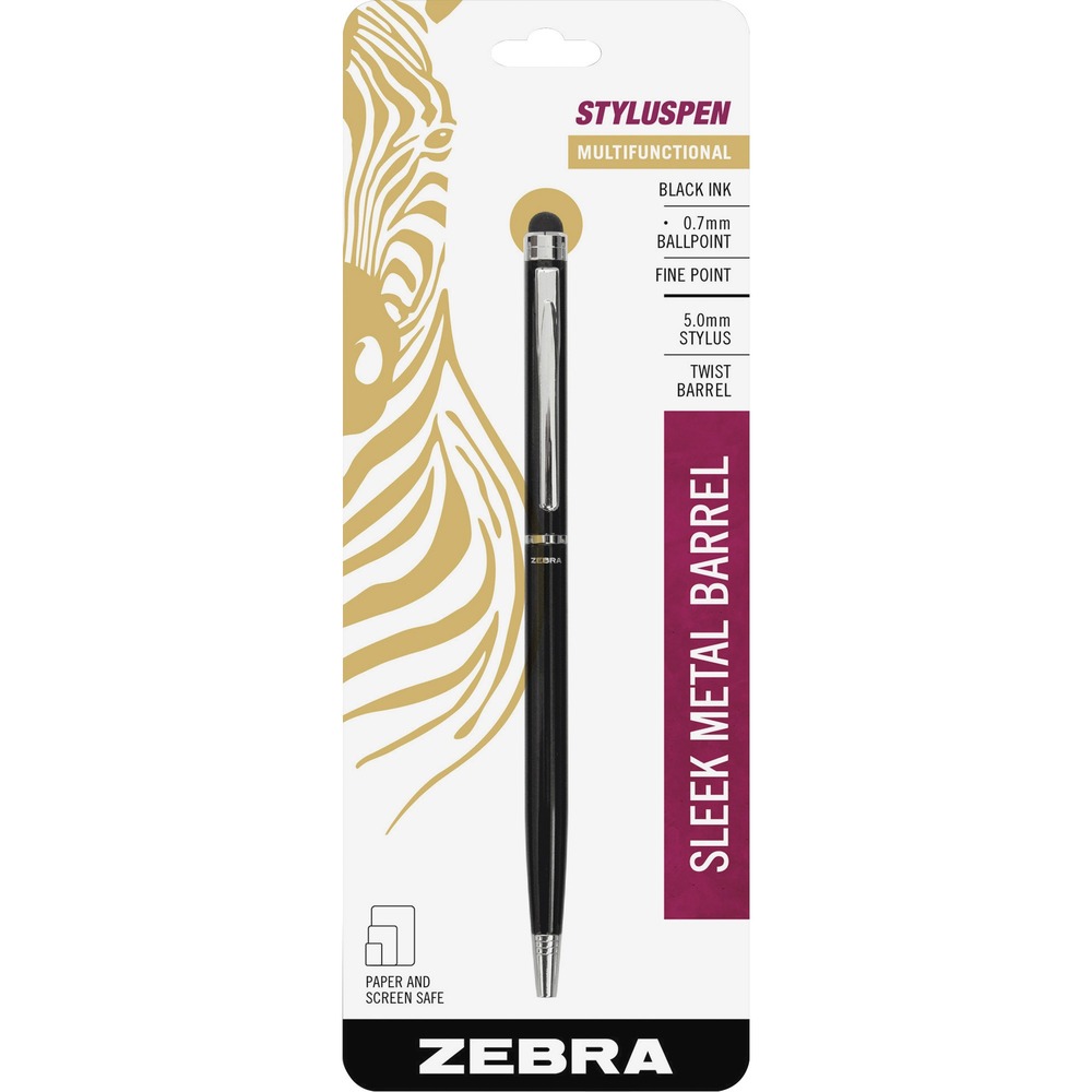 ZEB33111 - The Stylus is the ultimate in convenience - a Stylus and Ballpoint pen in one. The twist refillable ballpoint pen gives you everything you would expect in a Zebra pen with both quality, comfort, and an enjoyable writing experience. The thinner twist format delivers extra precision with a narrow point (0.7mm) that is good for detailed sketches. The touch-screen compatible Stylus is designed for performance and precision and makes it easy to work on your iPad or Tablet. Design features a smooth, oil-based black ink; brushed metal barrel; and metal accents for a sleek sophisticated look. More from the Manufacturer