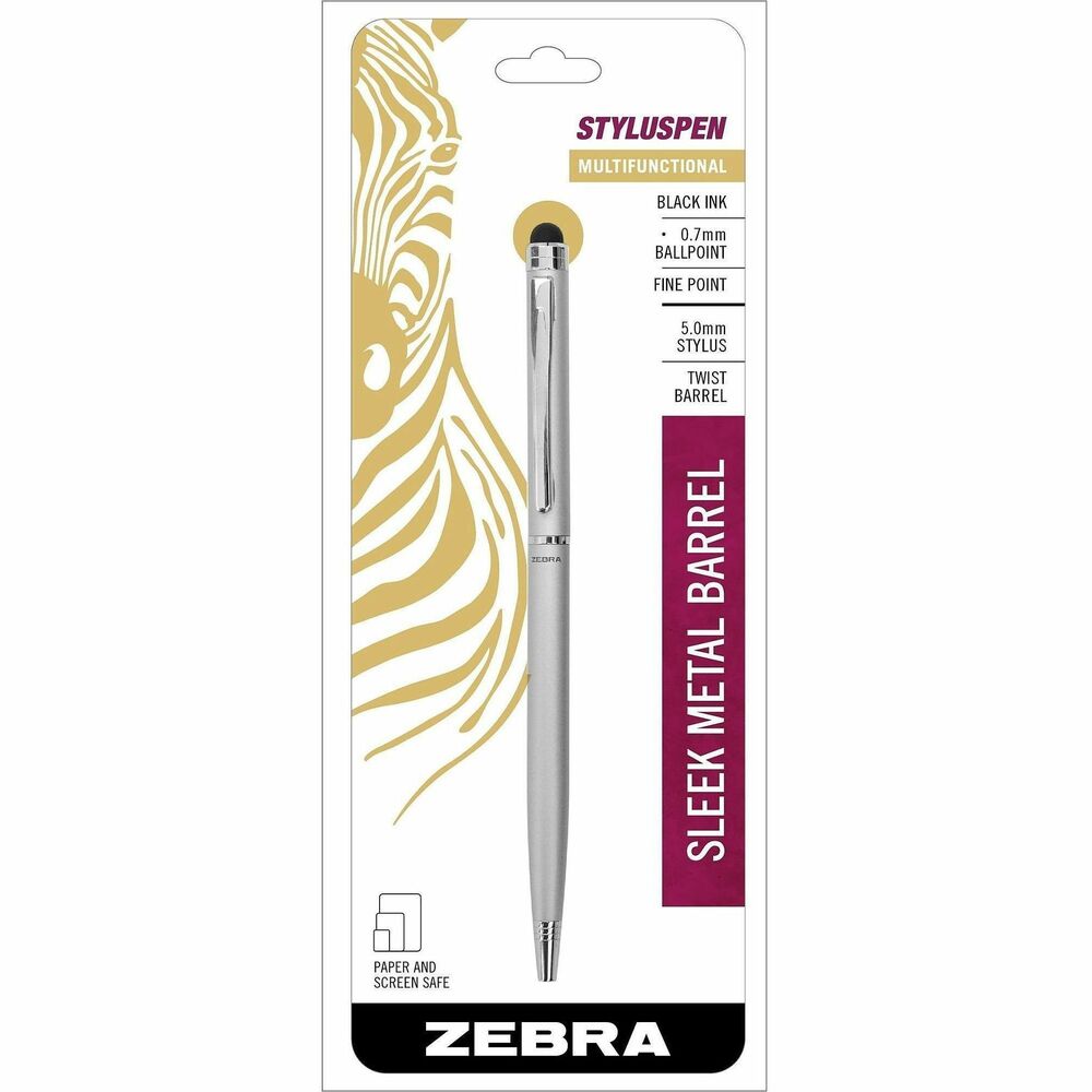 ZEB33161 - Pen and stylus in one. Convenient stylus is touch screen compatible. Stylus has narrower point (5-6mm) better for writing precision and detailed sketches. Smooth oil based ball point with brushed metal barrel. Pen Point: fine, 0.7mm, black ink. More from the Manufacturer