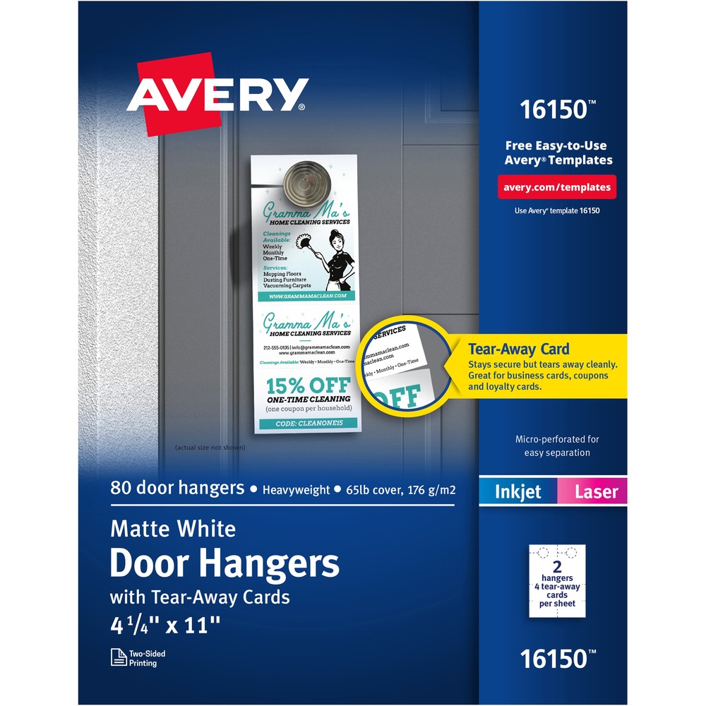 AVE16150 - Two-sided door hangers with tear-away Cards let you take your customized message right to your customers' front door. Each hanger is made of sturdy cardstock and features two tear-away cards for seasonal promotions, discounts or rewards that can be kept by your customers for future use. Whether you want to offer coupons, rewards or business cards, you can easily personalize each element to fit your marketing needs. The cards fold and pull apart with ease so no scissors are needed. Choose from an array of free online predesigns and templates to create your own unique message. Door hangers are compatible with laser and inkjet printers. More from the Manufacturer