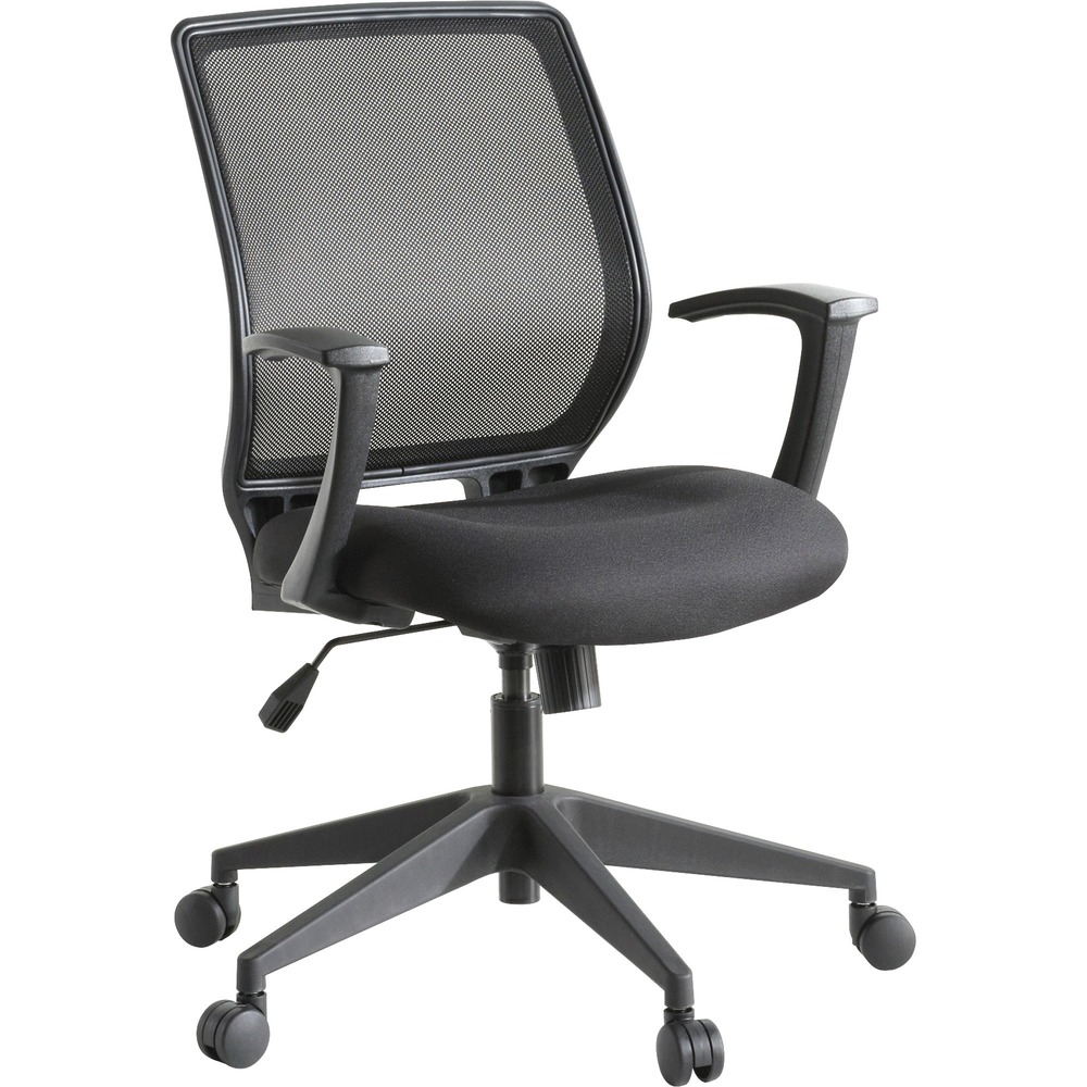 LLR84868 - Executive mid-back work chair features a breathable mesh back and contoured seat with black upholstery. Design also offers fixed arms and a five-star base with dual-wheel hard casters. Functions include pneumatic seat-height adjustment, 360-degree swivel, tilt, tilt tension and tilt lock. Capacity is 275 lb.