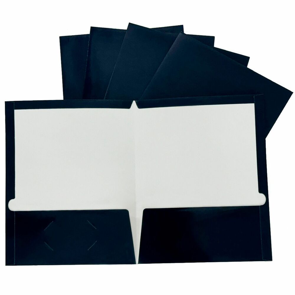 BSN44430 - Durable, two-pocket folders feature laminated covers to resist soil and moisture. Two inside pockets hold 100 letter-size sheets of 20 lb. paper with a 50-sheet capacity for each pocket. The left pocket offers a die-cut business holder so you can customize your presentation by including your contact information. Portfolios are made of 210g card paper.