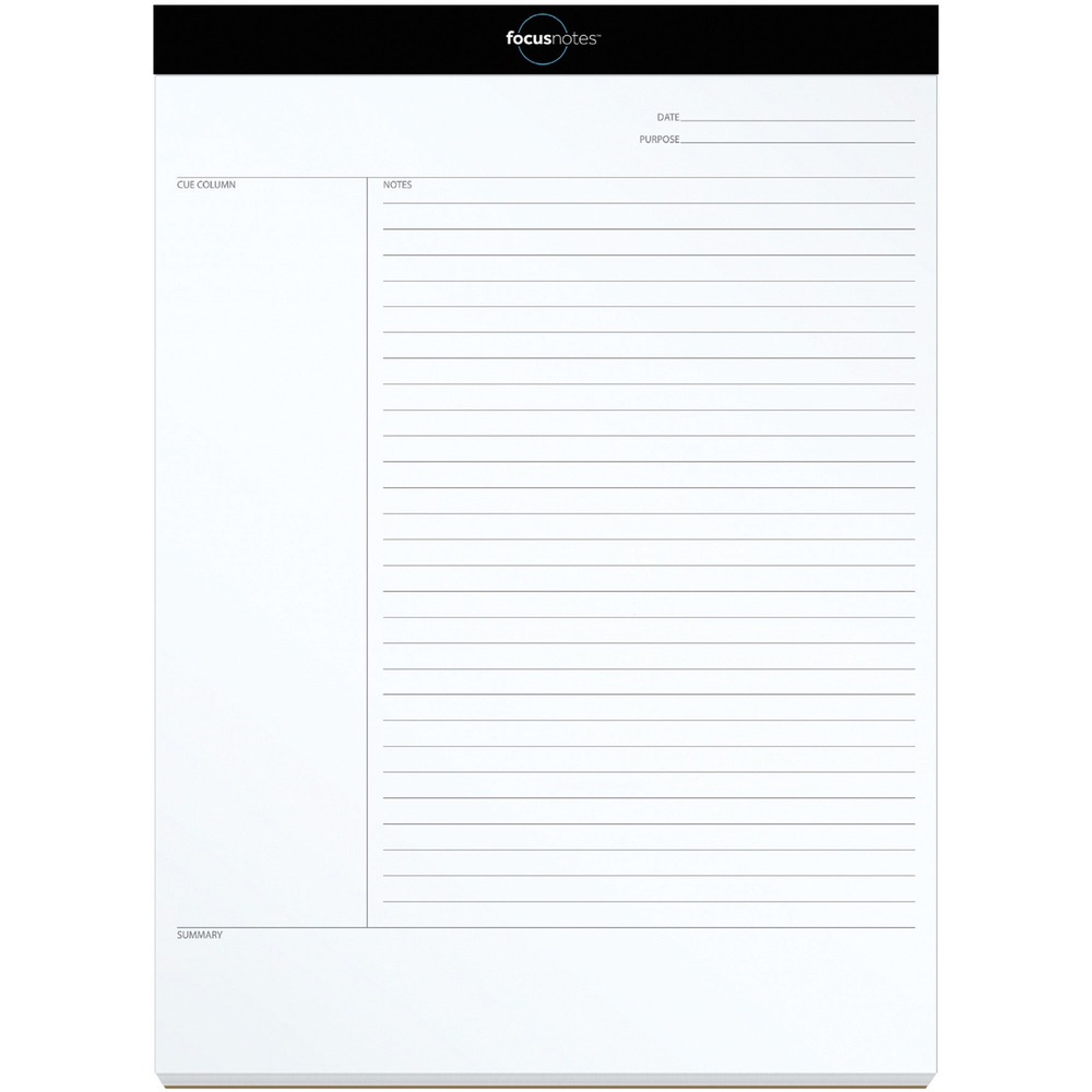 TOP77103 - Innovative notepad delivers a clear, concise way to take notes, using the ID note method that is comparable to the Cornell Note-Taking System. This topbound writing pad features a cue column to identify key points, traditional note-taking area and page summary to identify and summarize the main points on each sheet. Writing pad contains 50 letter-size sheets of 16 lb. white paper with double-stitched binding for a professional appearance. Each sheet is also Letr-Trim perforated for clean removal every time.