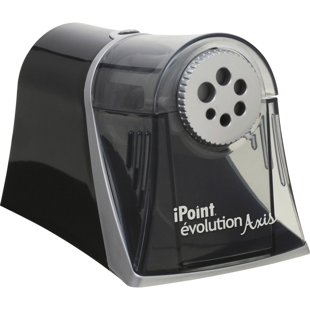 ACM15509 - iPoint Evolution Axis is designed for high-volume use in the office or school. Multi-hole dial accommodates all popular pencil sizes. Super-quiet pencil sharpener offers a low noise rating at or below 56 decibels. Super-fast sharpening uses twin helical-blade technology. Auto shutoff activates when the pencil is at the perfect point. Safety cutoff activates if the shavings reservoir is removed. Electric pencil sharpener also features six holes for pencils and a large, EZ-view shavings reservoir.